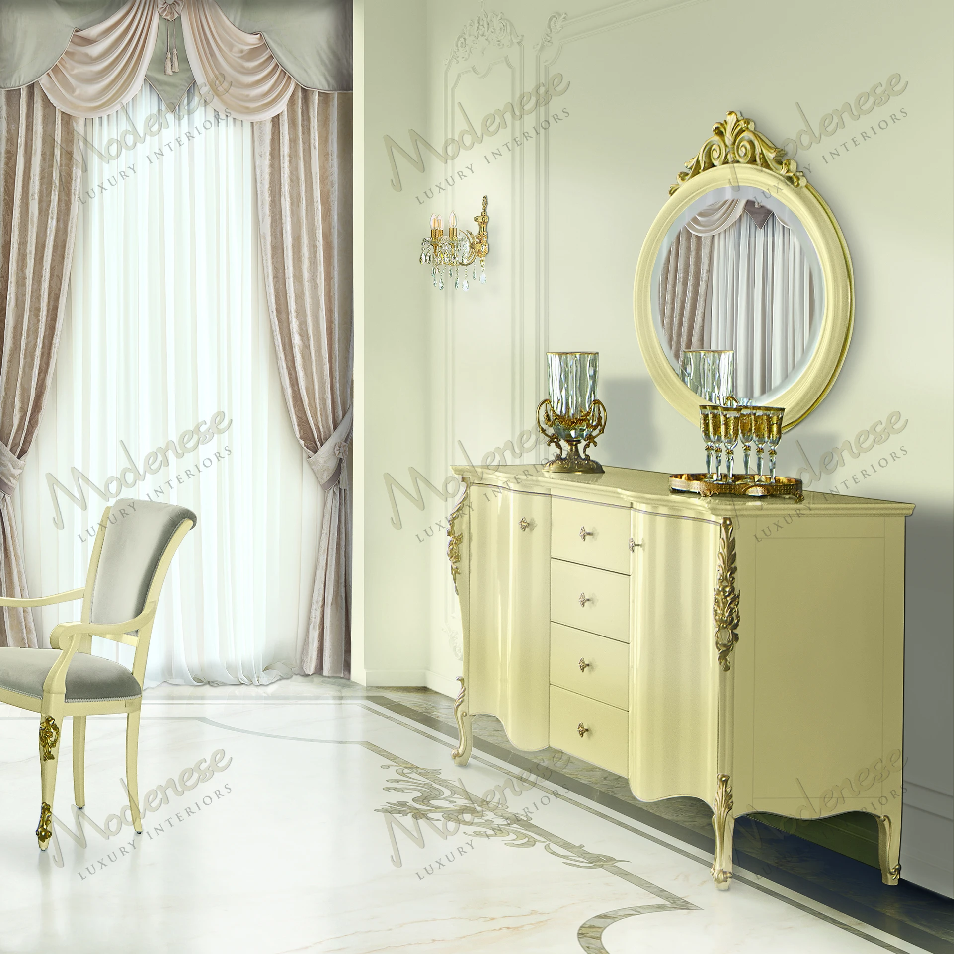 Essence Mirror with ivory lacquer finish, gold leaf details, no fabric Luxurious design with a sophisticated touch