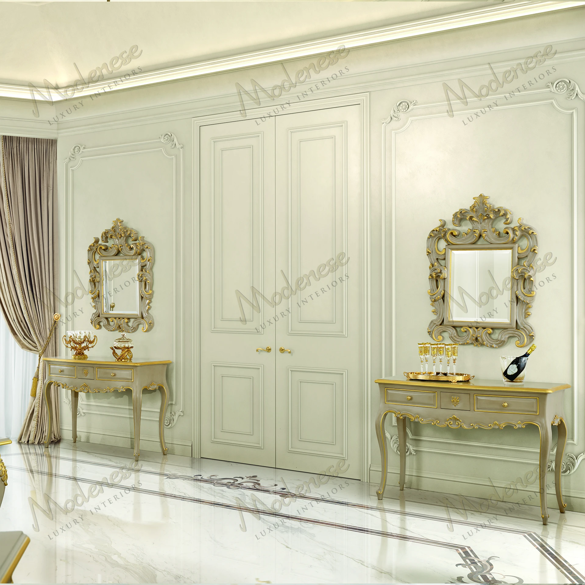 Elegant Harmony Mirror with taupe lacquered frame, gold leaf details Stylish design enhances any room's decor Perfect for adding a touch of sophistication