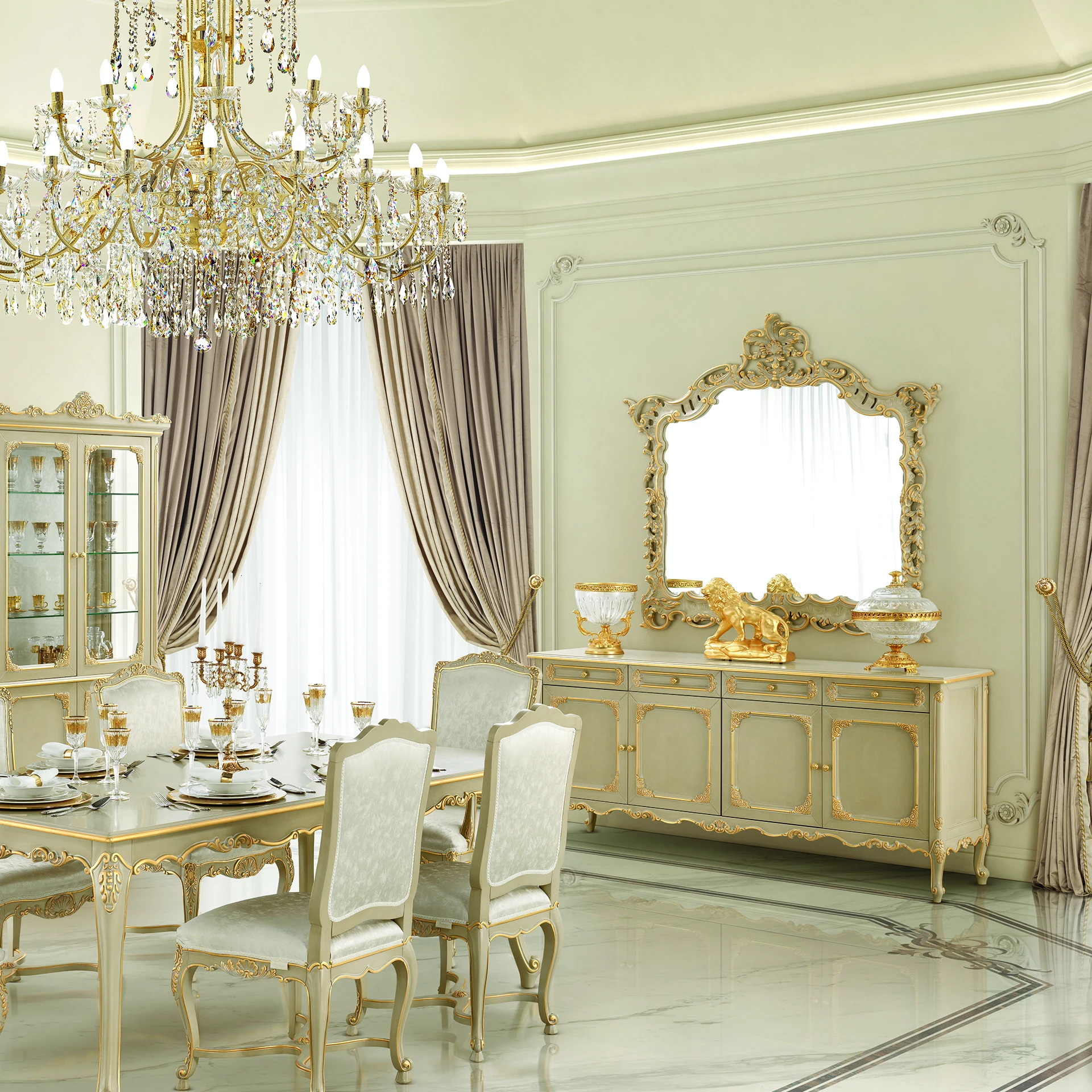Elegant mirror with wood frame, taupe lacquer finish, and gold leaf accents Sleek design adds sophistication to any room