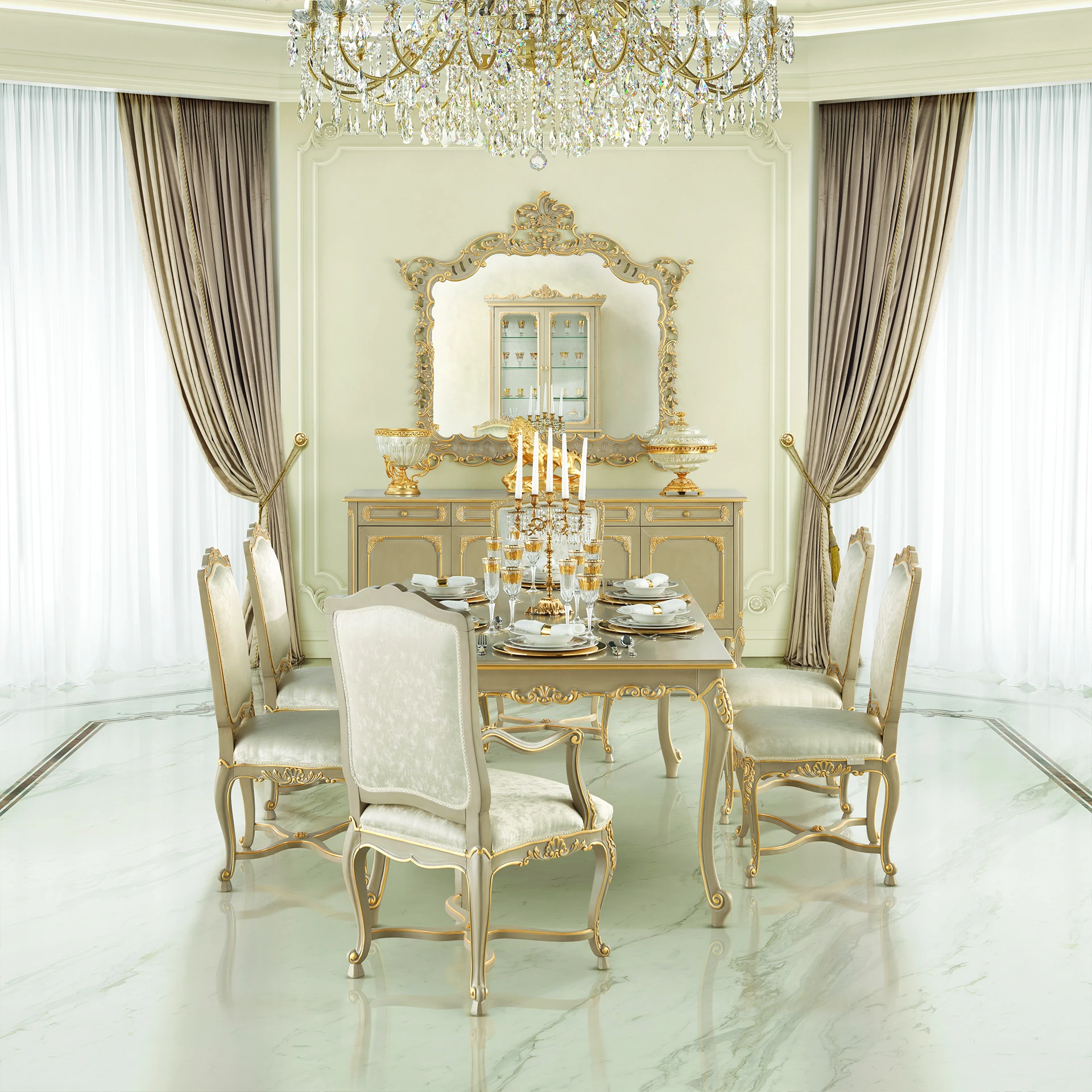 Harmony Shaped Mirror with taupe lacquer finish and gold leaf details, offering a luxurious, fabric-free design