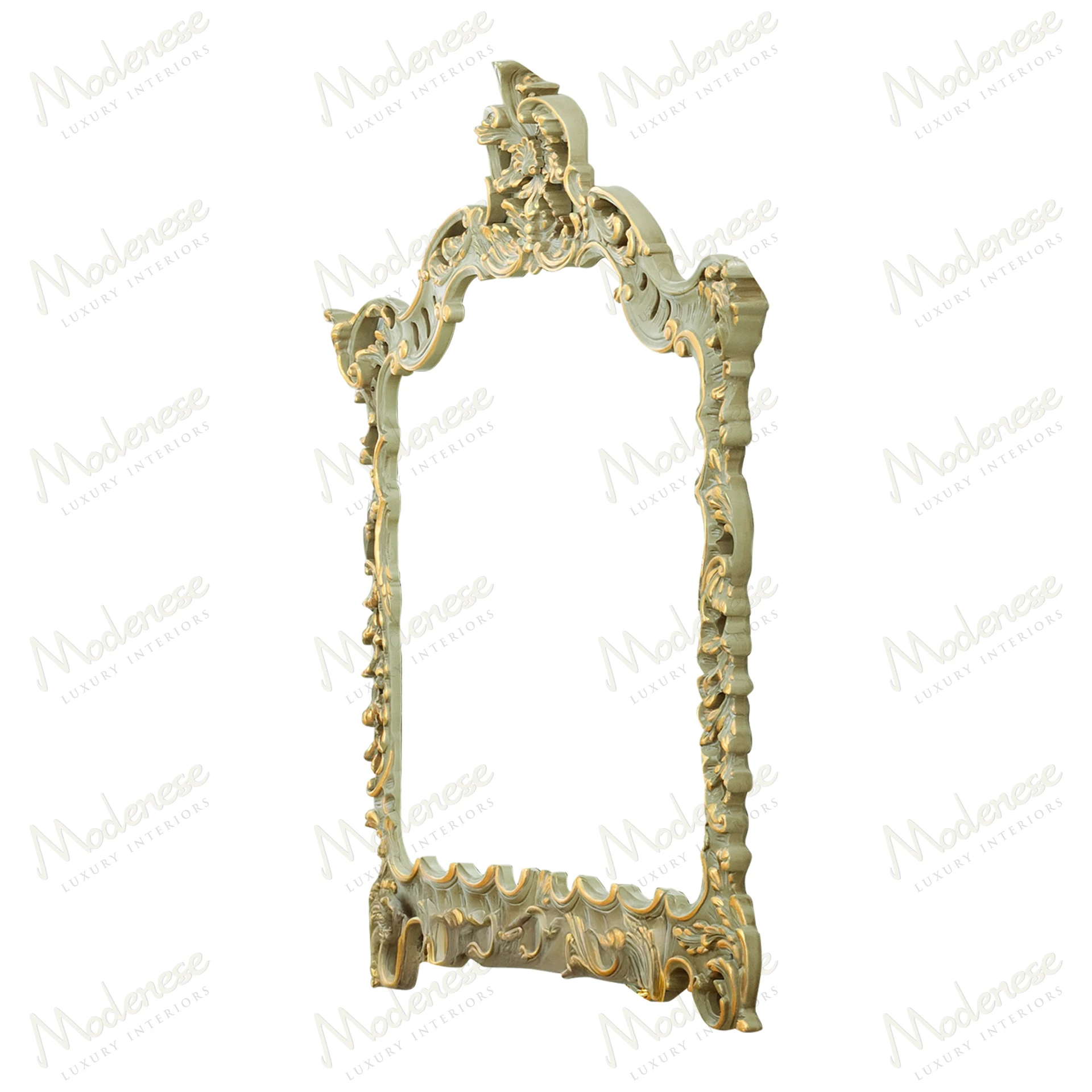 Elegant Harmony Shaped Mirror with taupe lacquered finish and gold leaf details, reflecting a sophisticated style against a neutral background