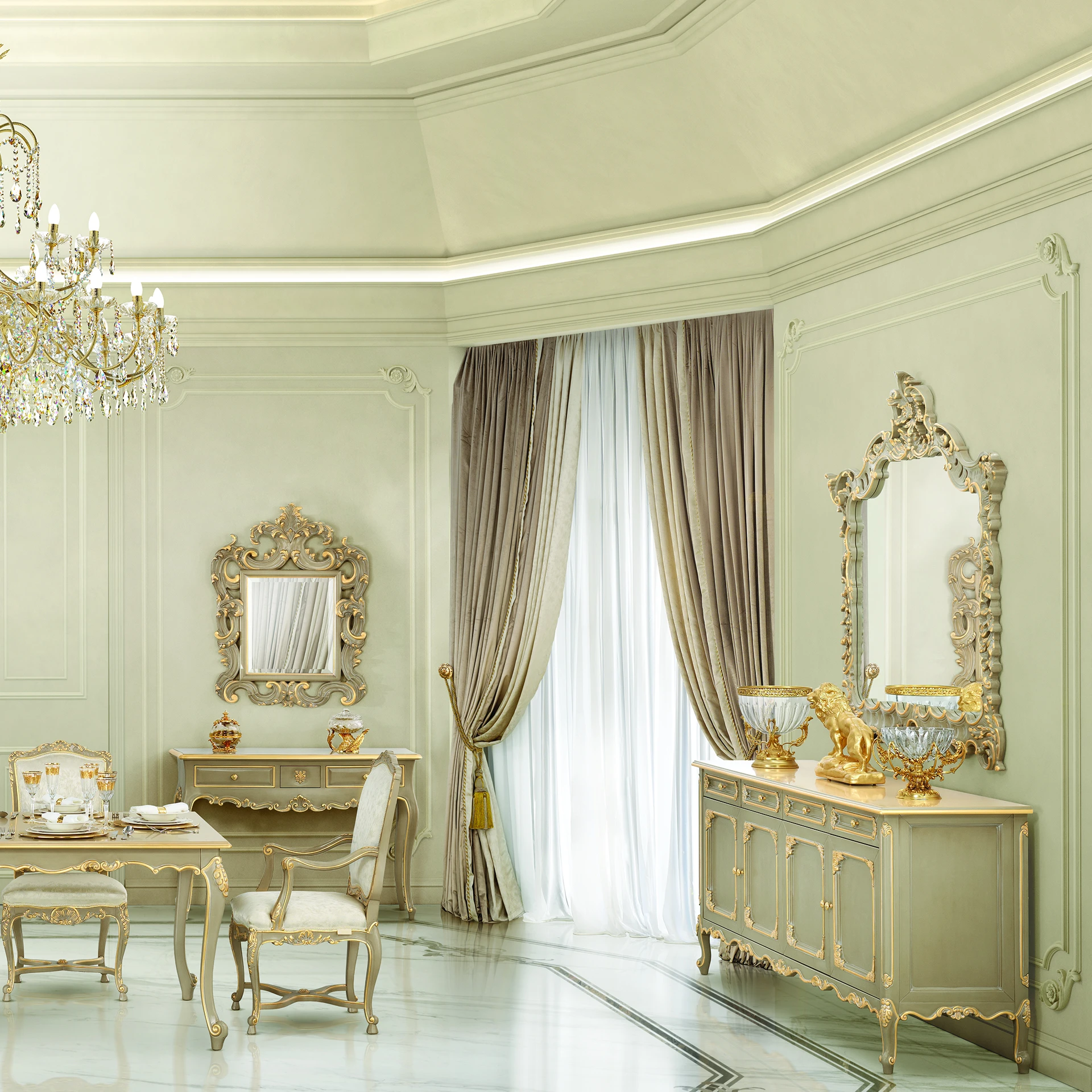 Harmony Shaped Mirror: Taupe lacquered finish, gold leaf details, artistic design, no fabric textures, elegant and contemporary aesthetic