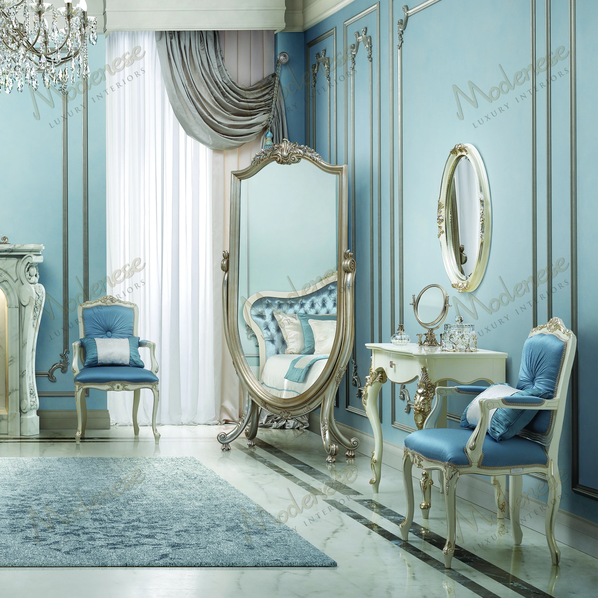 Elegant Horizon Swivel Mirror with full platinum leaf finish, showcasing a sophisticated design Reflective surface with intricate detailing enhances any room's decor