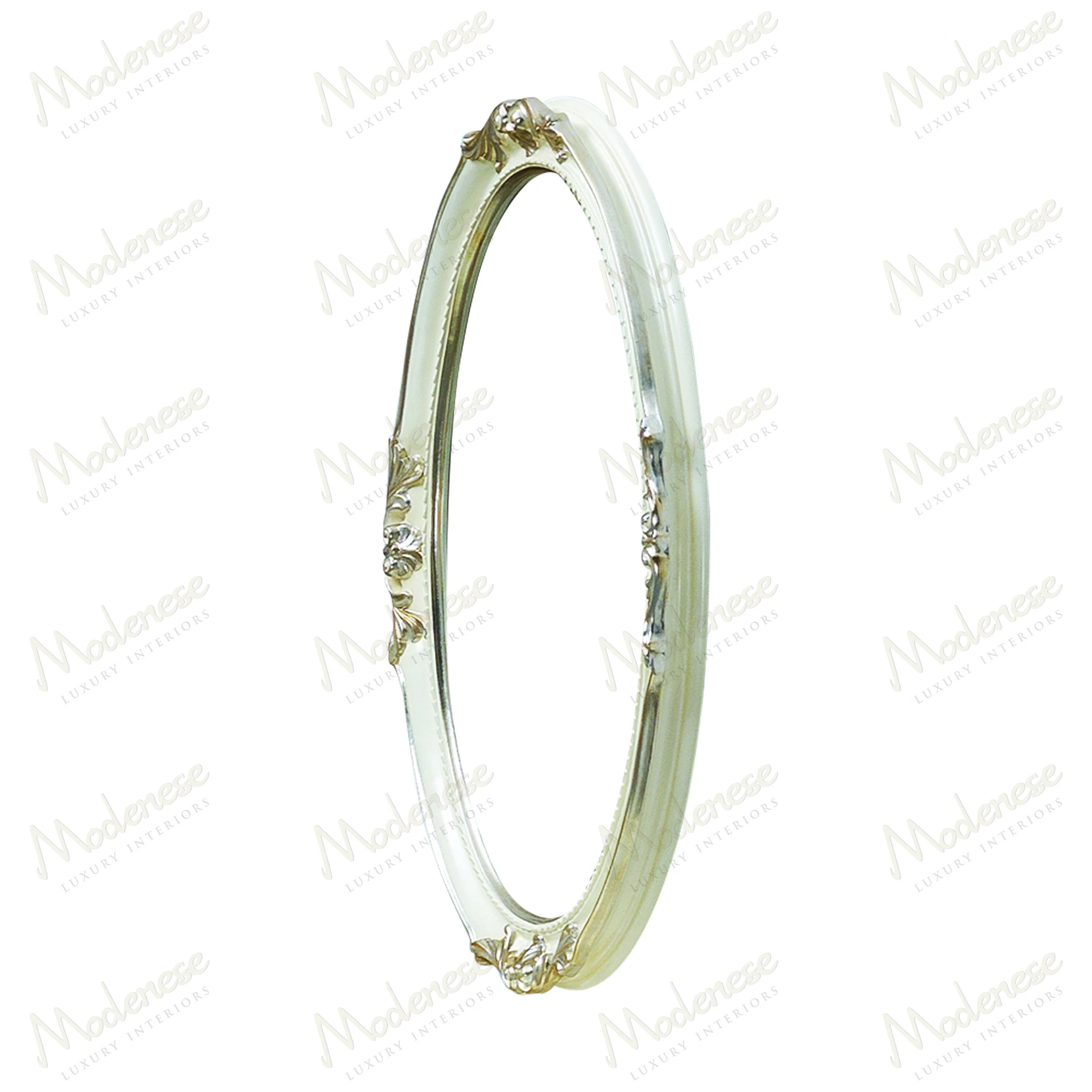 Oval mirror with white lacquered frame and platinum leaf details, elegant design Perfect for adding sophistication to any room