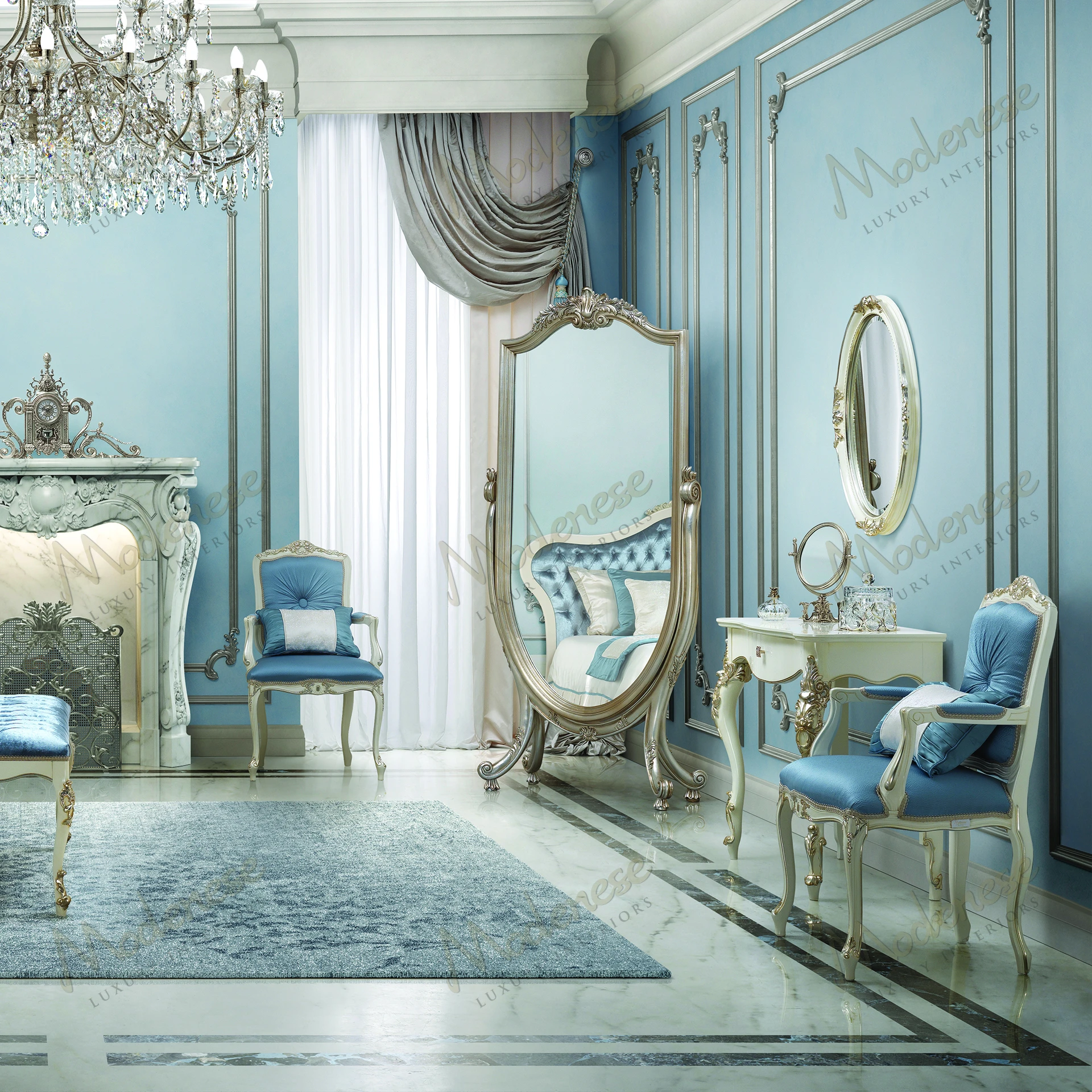 Oval mirror with a white lacquered wood frame, enhanced by platinum leaf details, offering a sleek and elegant design