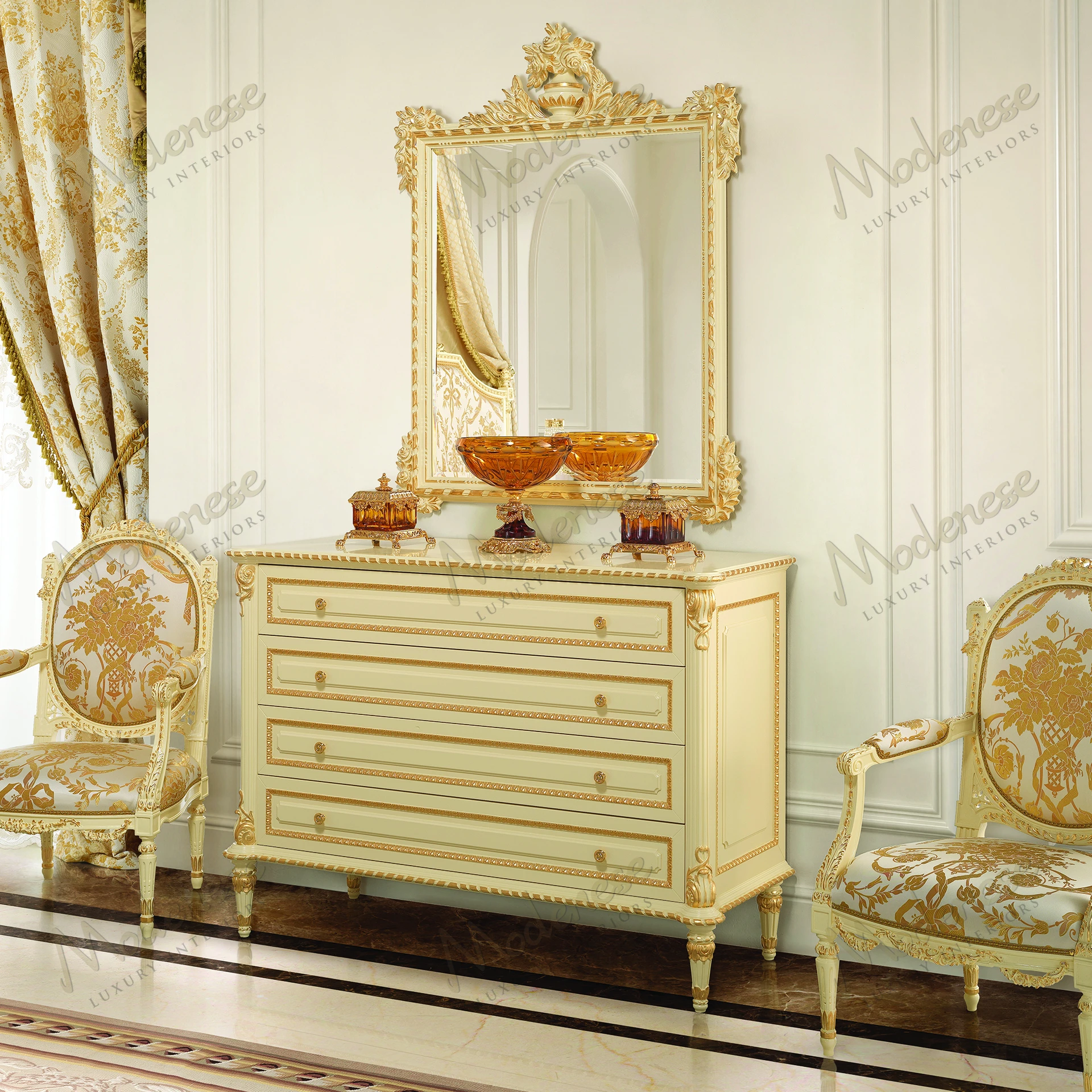 A sleek Golden Radiance Mirror with wood structure, ivory lacquered finish, and gold leaf details, reflecting elegance and sophistication