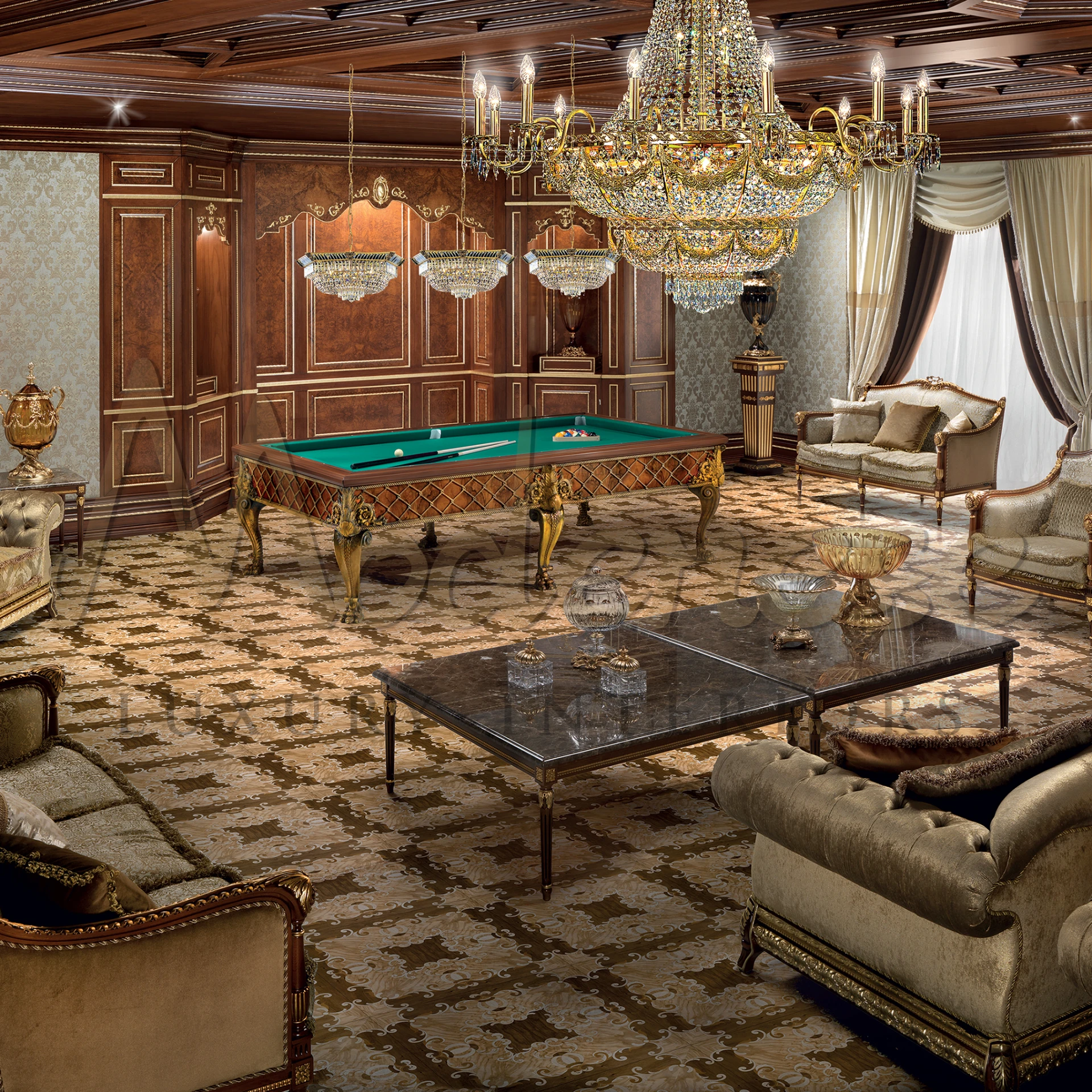 Elegant maple wood American pool table with six sturdy legs, ensuring balanced gameplay in luxury homes, bars, and game rooms.