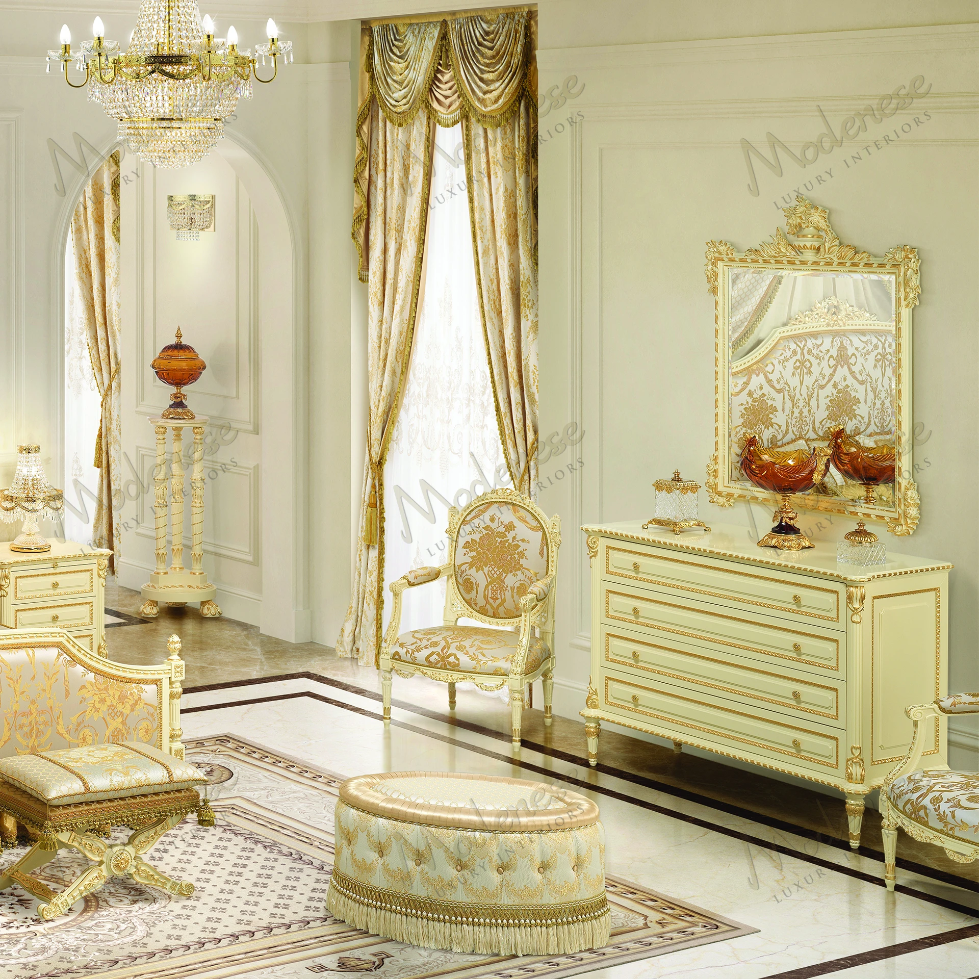 Golden Radiance Mirror with ivory lacquered frame and gold leaf details, exudes luxury and elegance No fabric included
