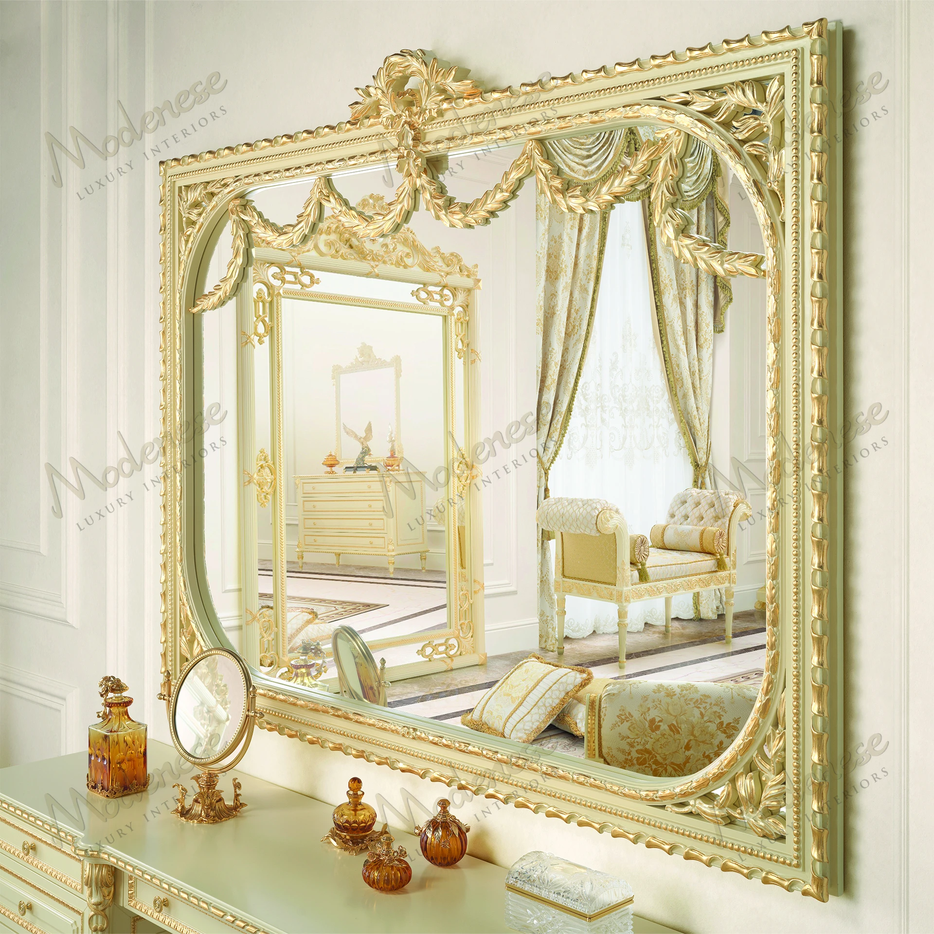 Oval-shaped mirror with a wooden frame, ivory lacquer finish, and gold leaf accents, reflecting a sleek, elegant design