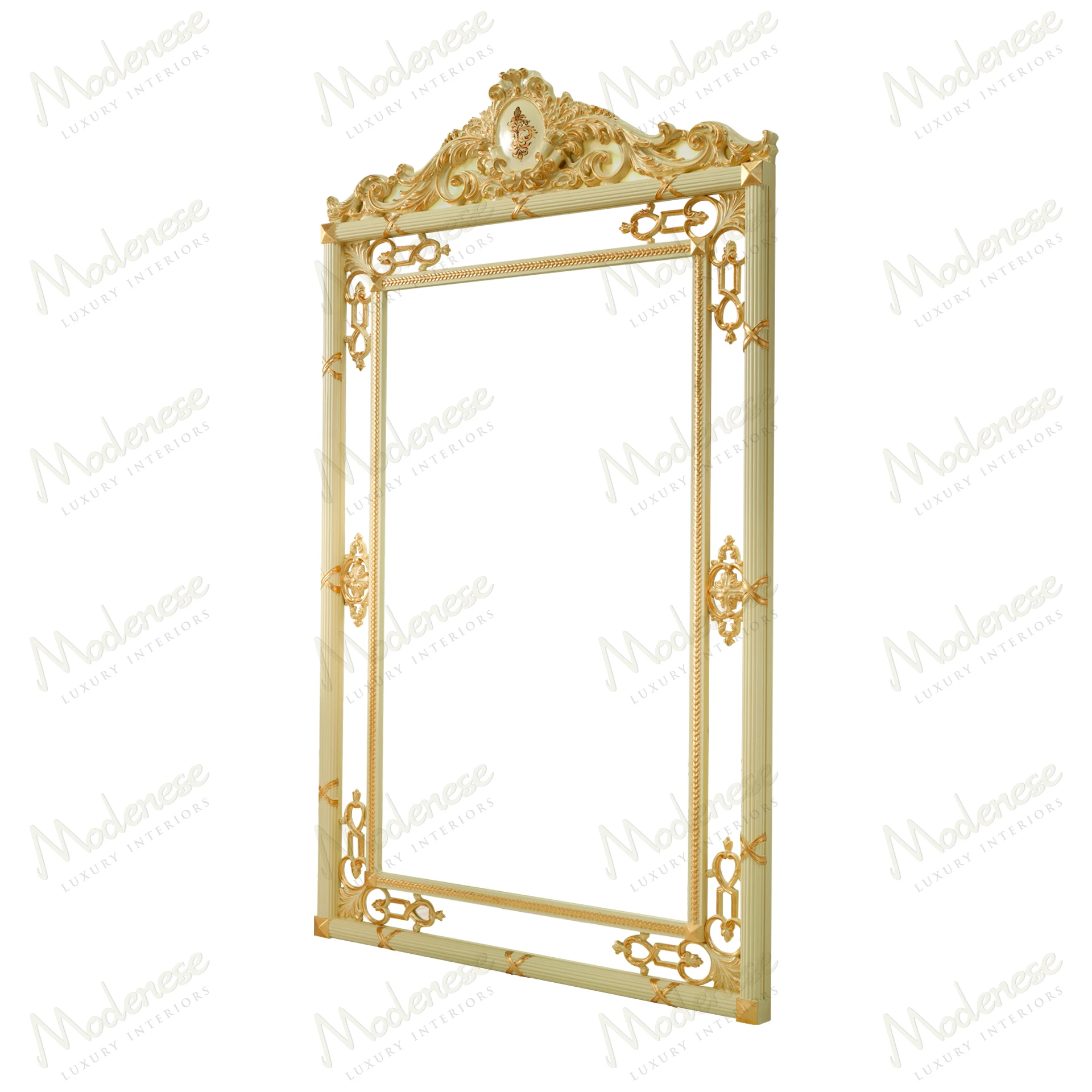 Elegant Golden Radiance Grand Mirror with ivory lacquered finish and gold leaf details, reflecting classic style and sophistication