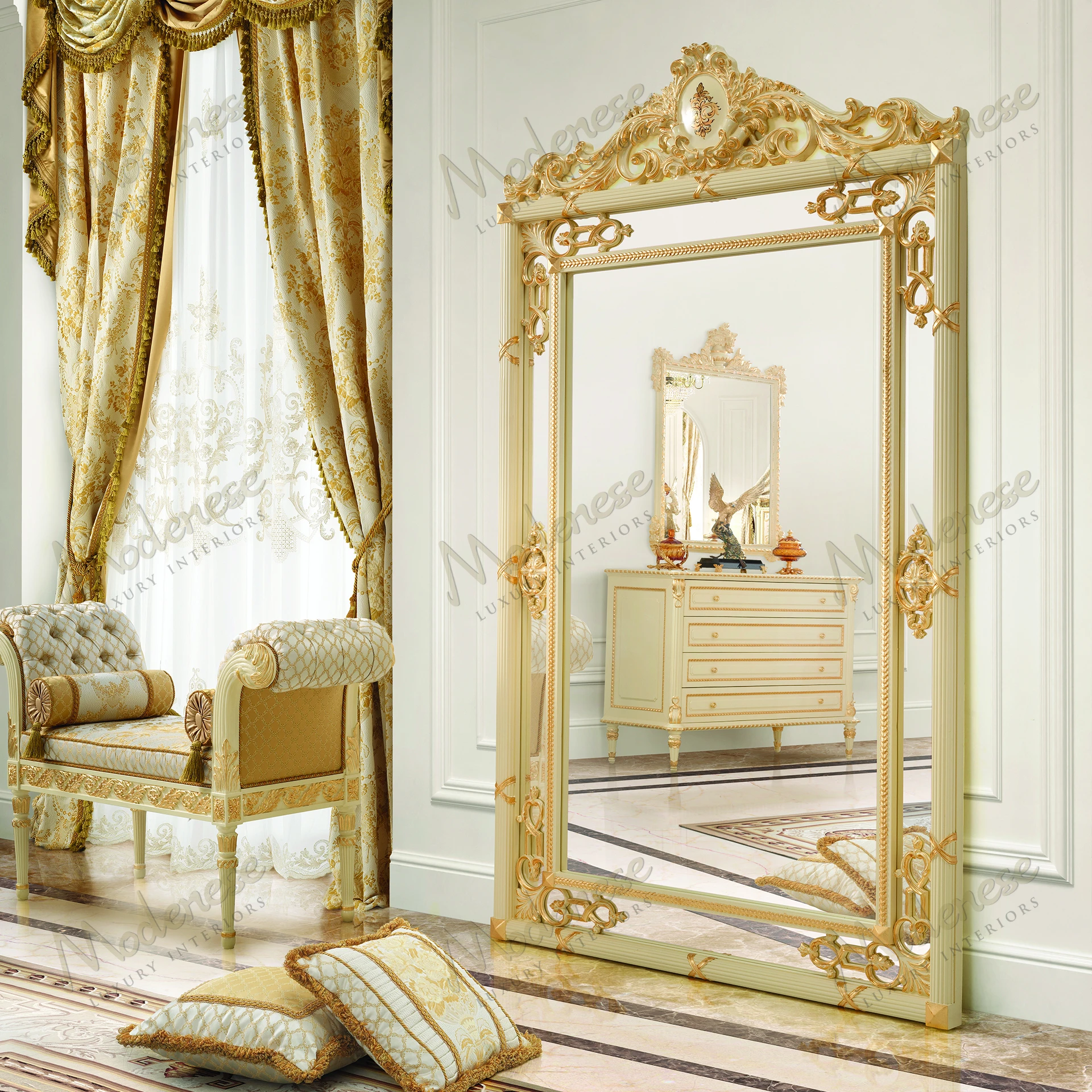 Luxurious Golden Radiance Grand Mirror with ivory lacquer finish and gold leaf details, reflecting elegance and sophistication No fabric incorporated