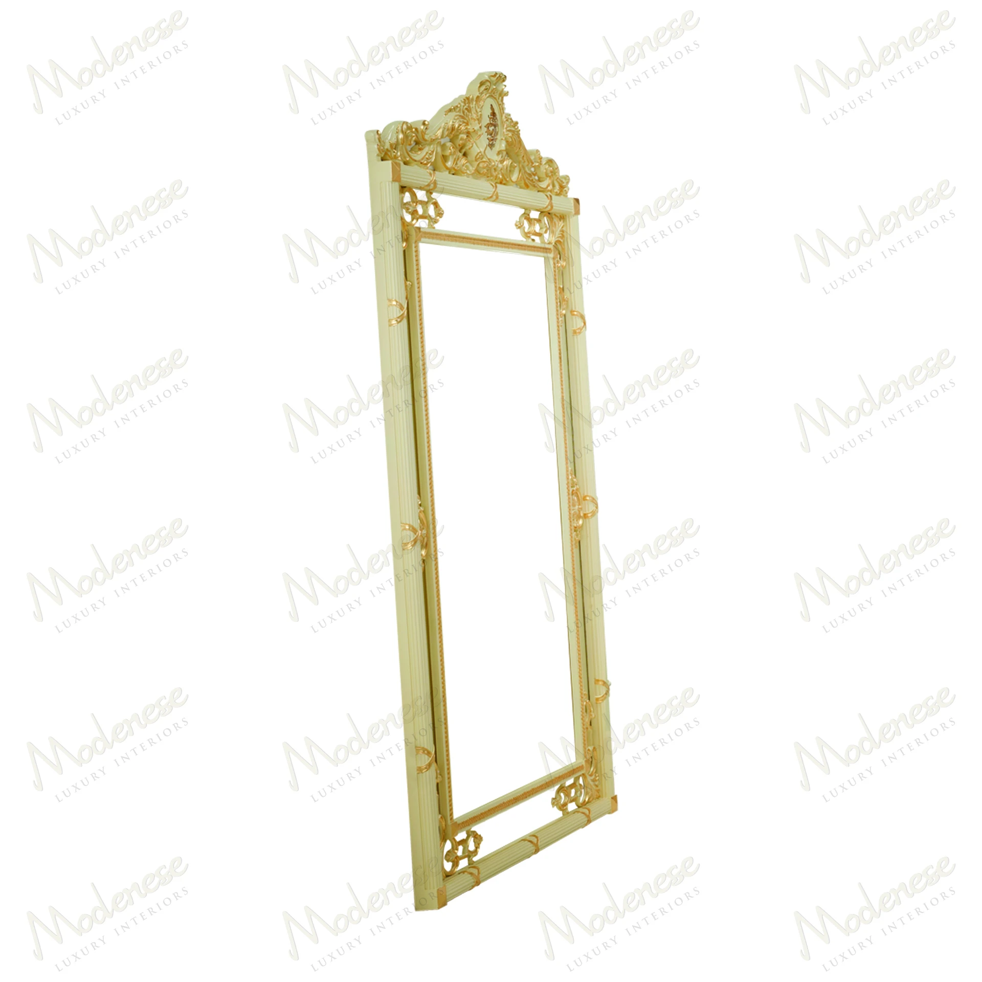 Golden Radiance Grand Mirror: Wood frame, ivory lacquer finish, gold leaf accents, sleek design Ideal for elegant interiors, reflecting light and style