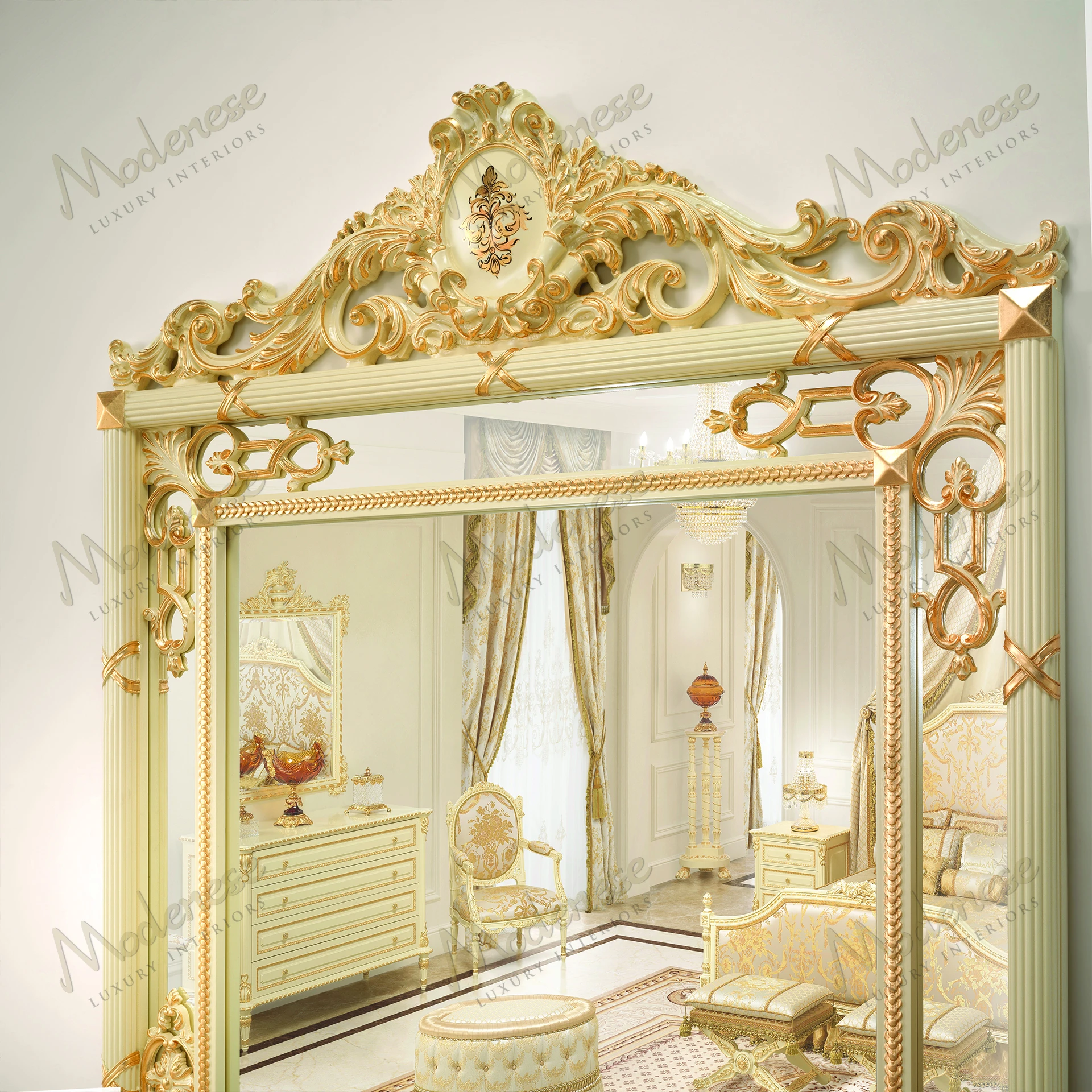 A contemporary Golden Radiance Grand Mirror with a sleek wooden frame, reflecting light beautifully No fabric elements, modern design enhances any space