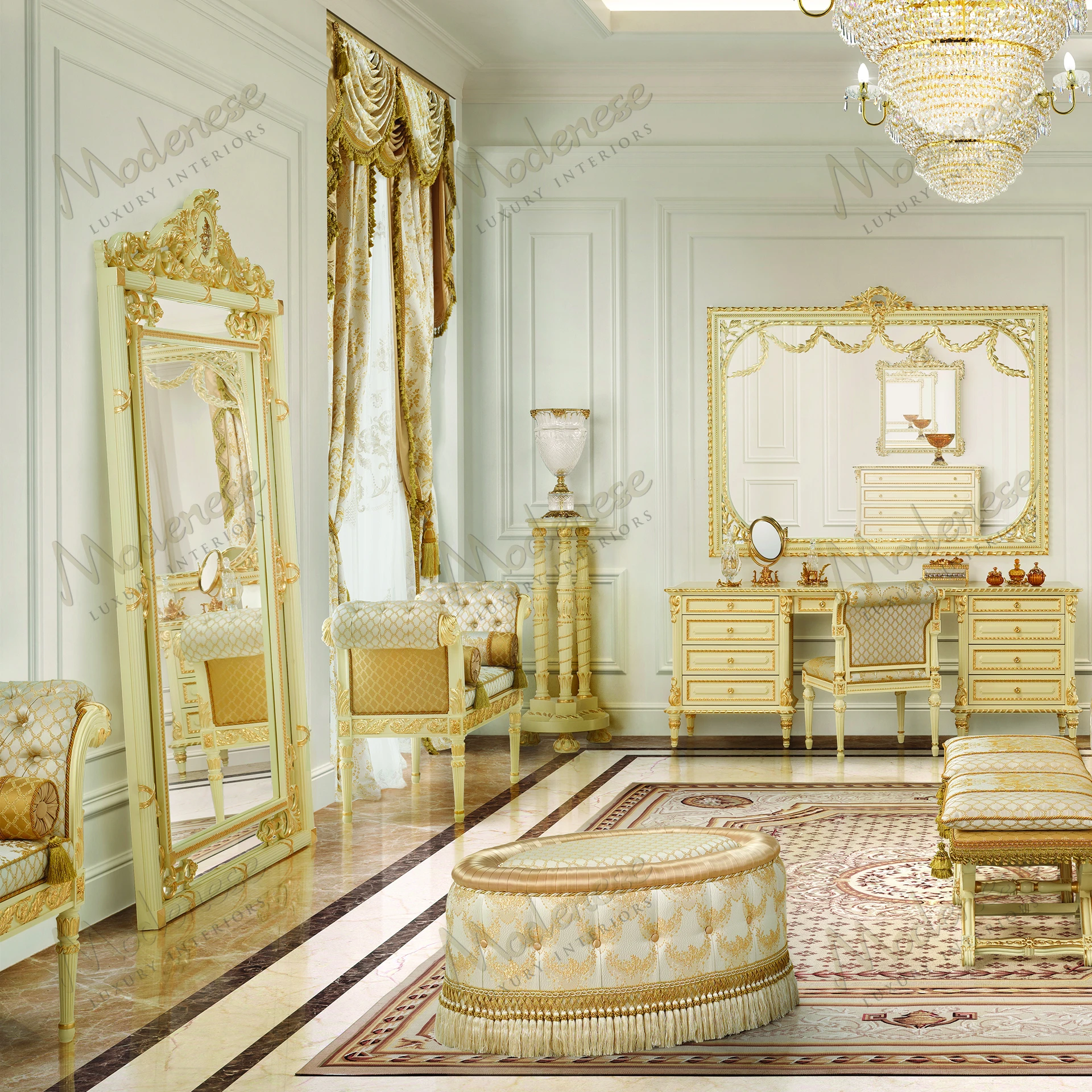 Elegant Golden Radiance Grand Mirror with ivory lacquered finish and intricate gold leaf details; artistic design without fabric textures