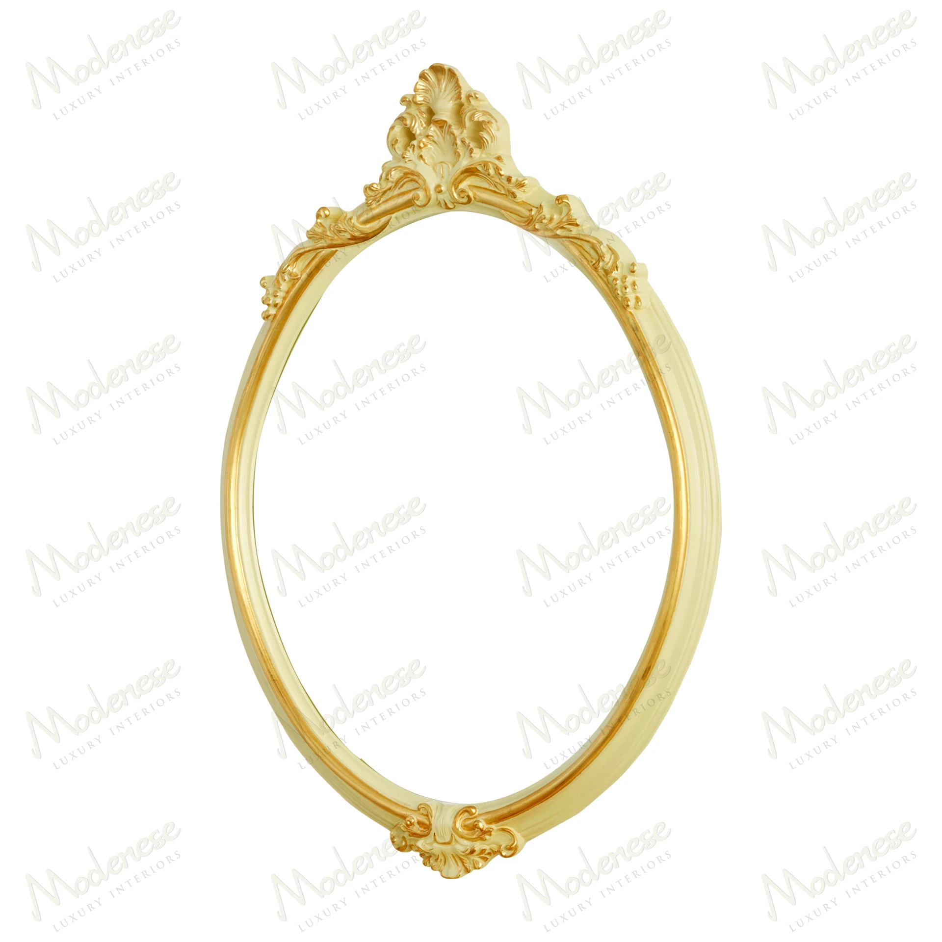 Elegant round mirror with ivory lacquered frame, gold leaf details, and a golden radiance effect Stylish and sophisticated design