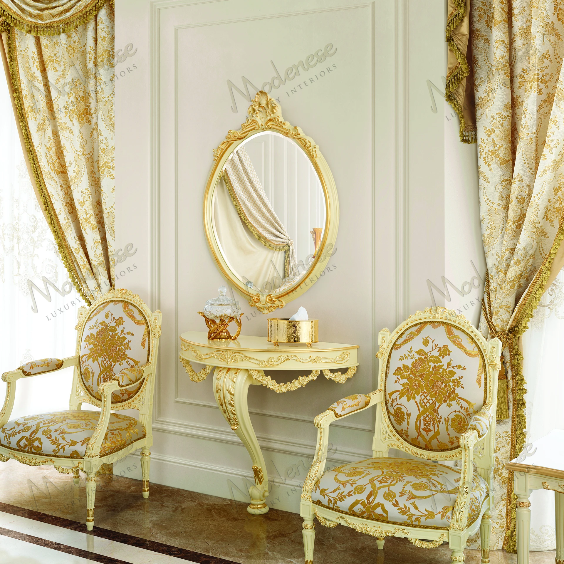Elegant round mirror with an ivory lacquered frame and gold leaf details, offering a luxurious touch No fabric included