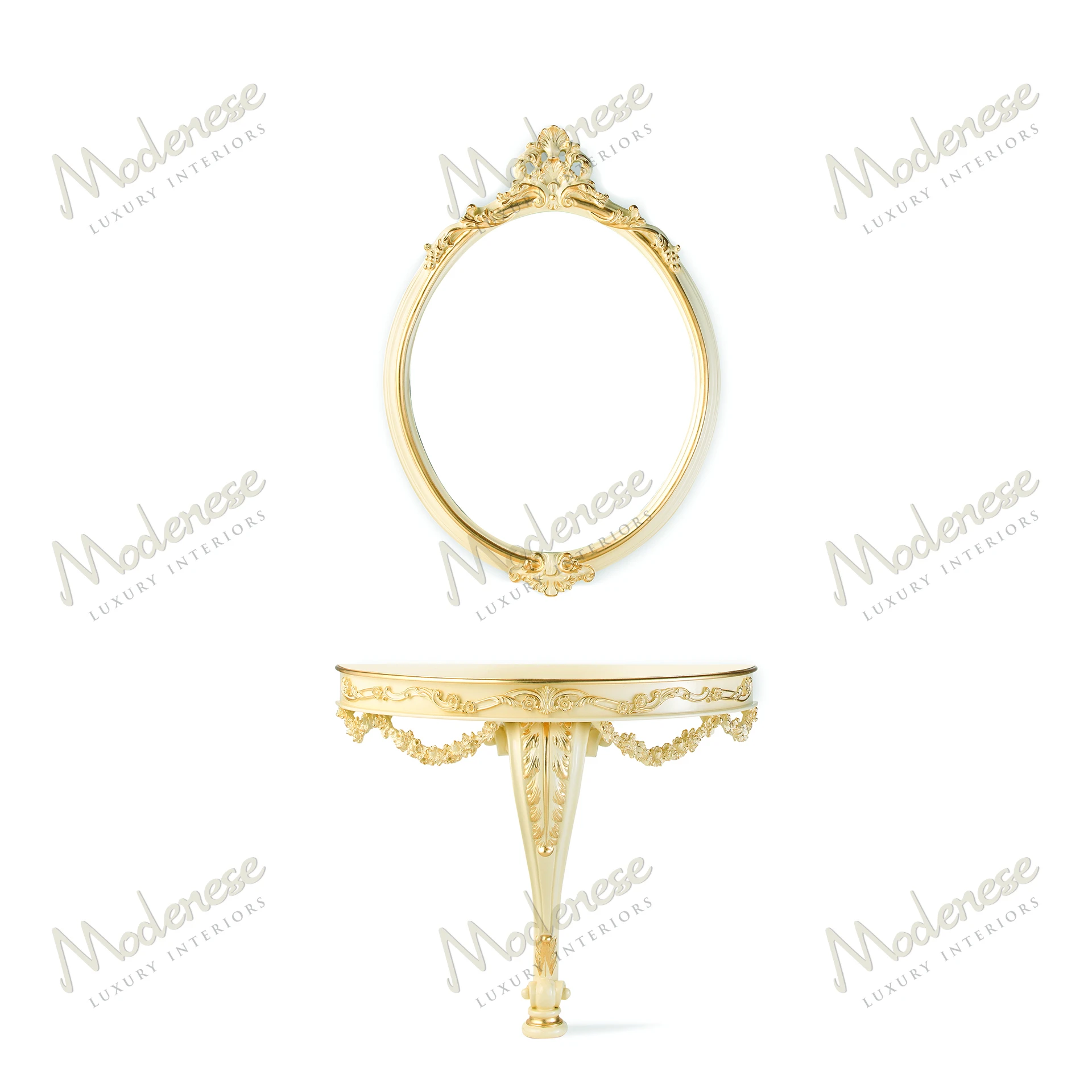 Round mirror with wood frame, ivory lacquered finish, and gold leaf accents Sleek design, reflects light beautifully, enhancing any room's decor
