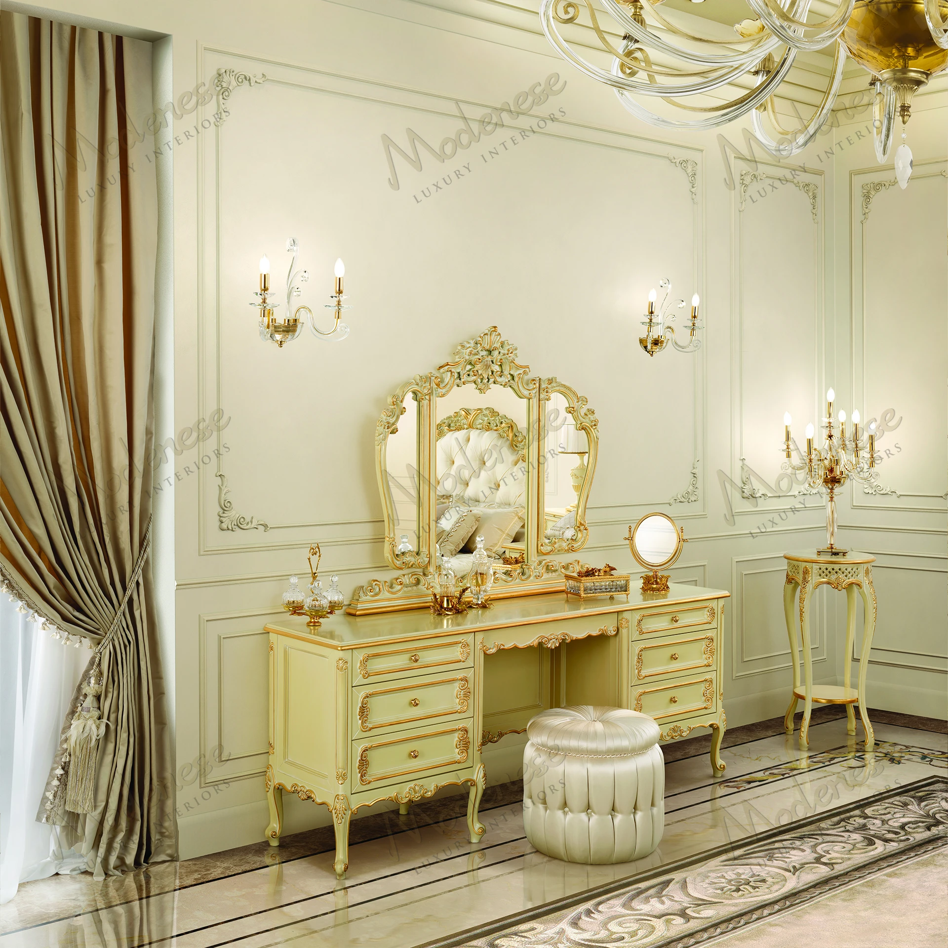 Elegant pearl-shaped mirror with ivory lacquered finish, adorned with gold leaf details, reflecting luxury and sophistication Suitable for stylish interiors