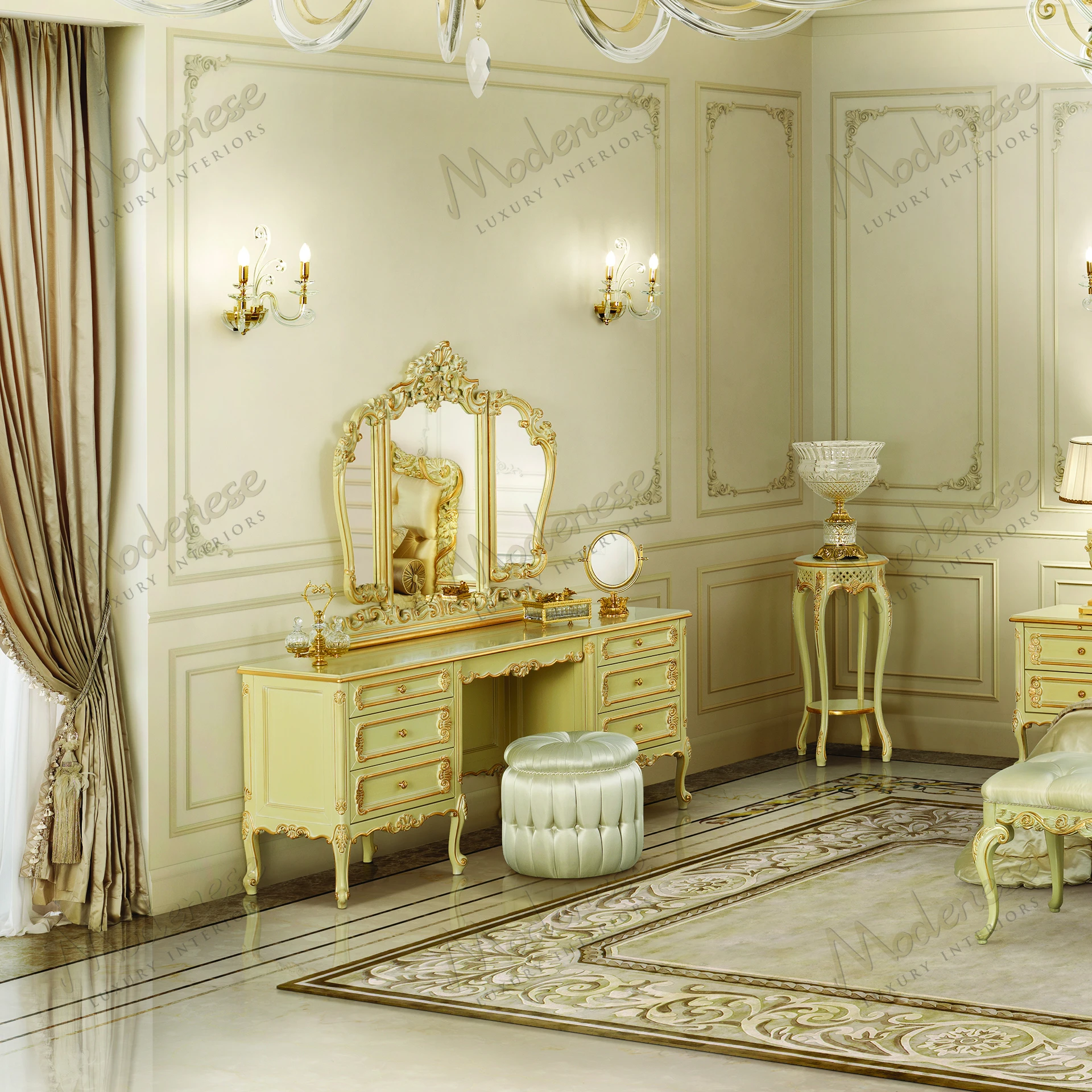 Elegant, oval-shaped mirror with ivory lacquered wood and gold leaf accents, offering a sleek, luxurious aesthetic suitable for refined interiors