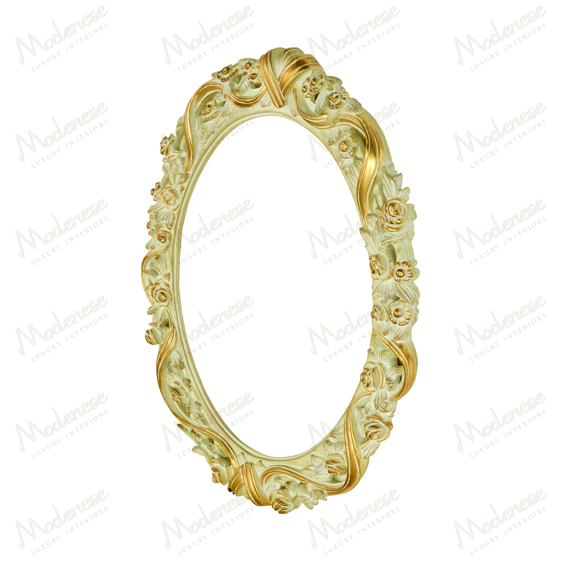 Oval mirror with ivory lacquered frame, gold leaf details, and elegant design Reflects light beautifully, perfect for adding luxury to any room