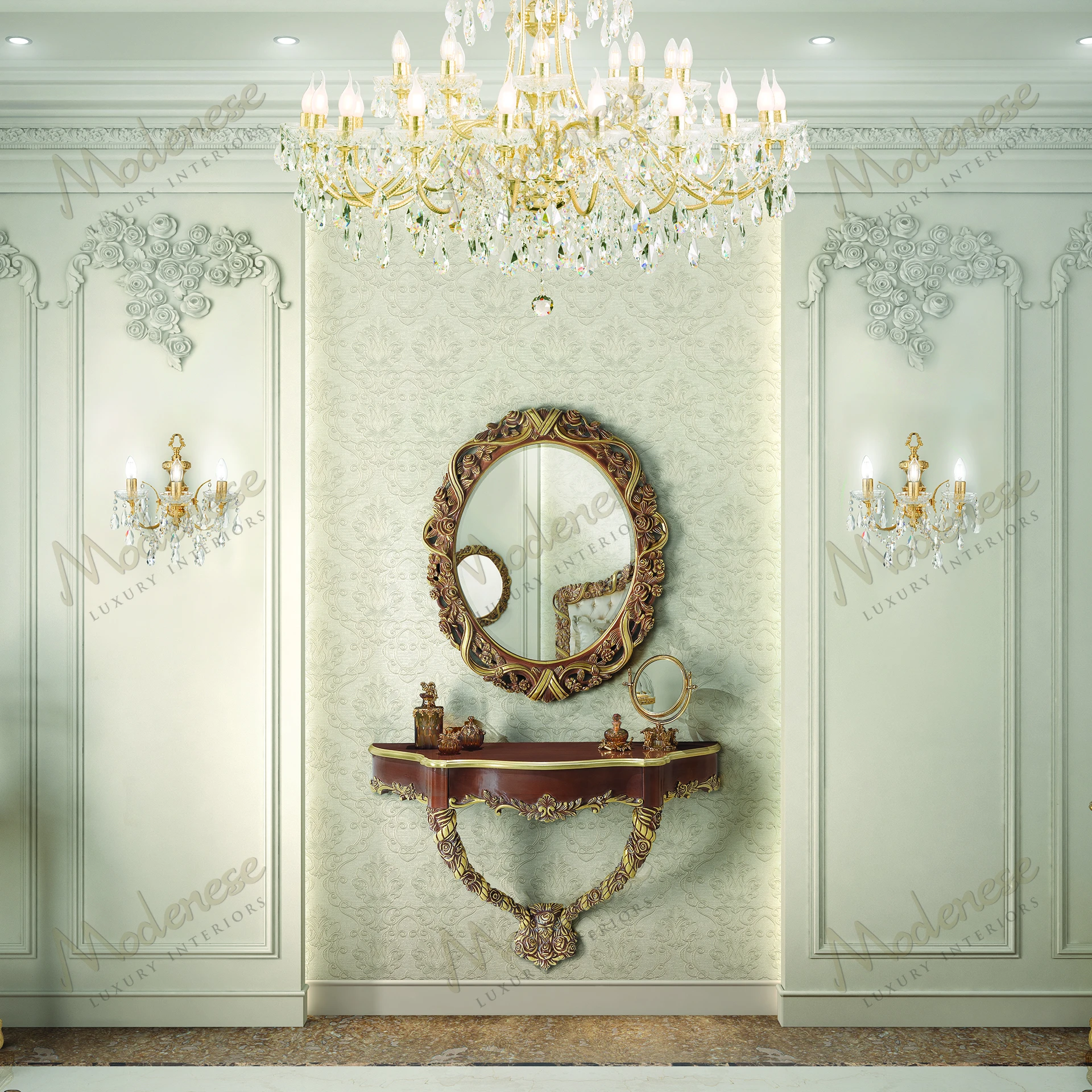Classic oval mirror featuring an ivory finish and opulent gold leaf accents