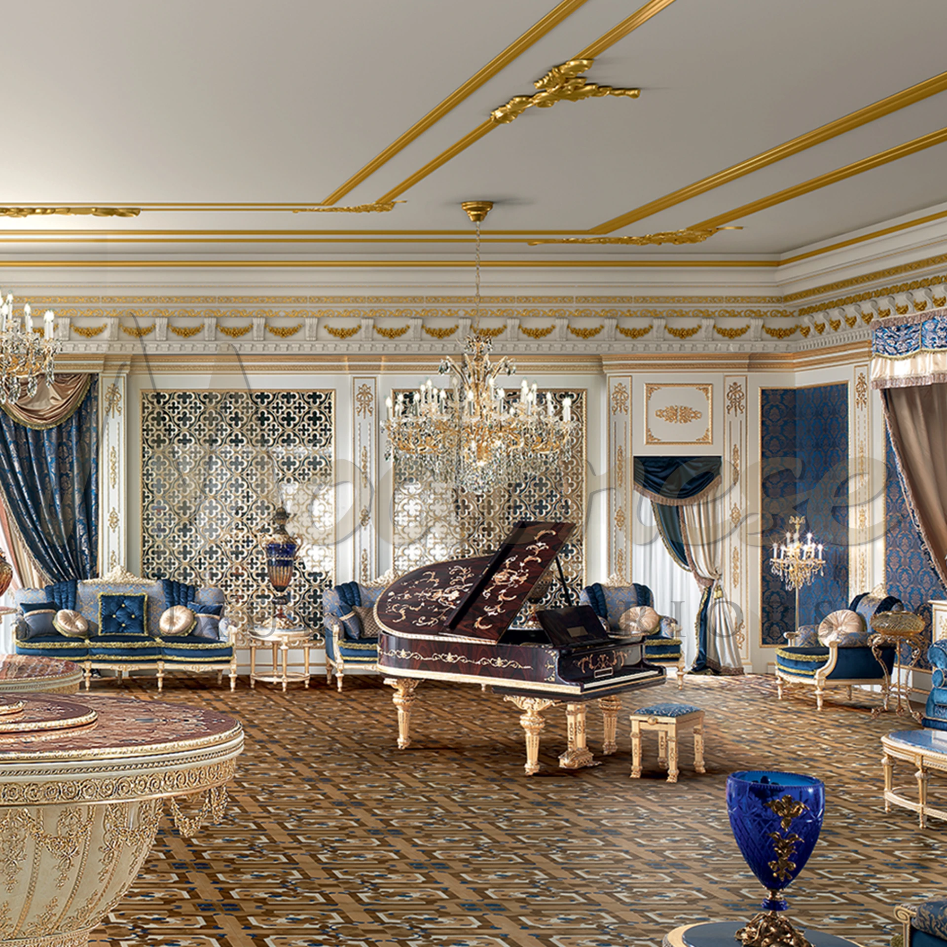 Exquisite rosewood Classic Wooden Piano by Modenese, featuring ivory keys and detailed inlays for luxury villa interior design.
