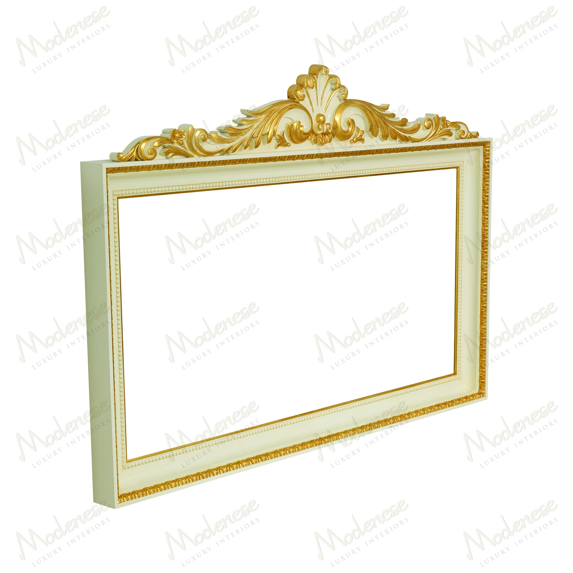 Elegant rectangular mirror with white lacquered frame, platinum leaf accents, reflecting a delicate and stylish design