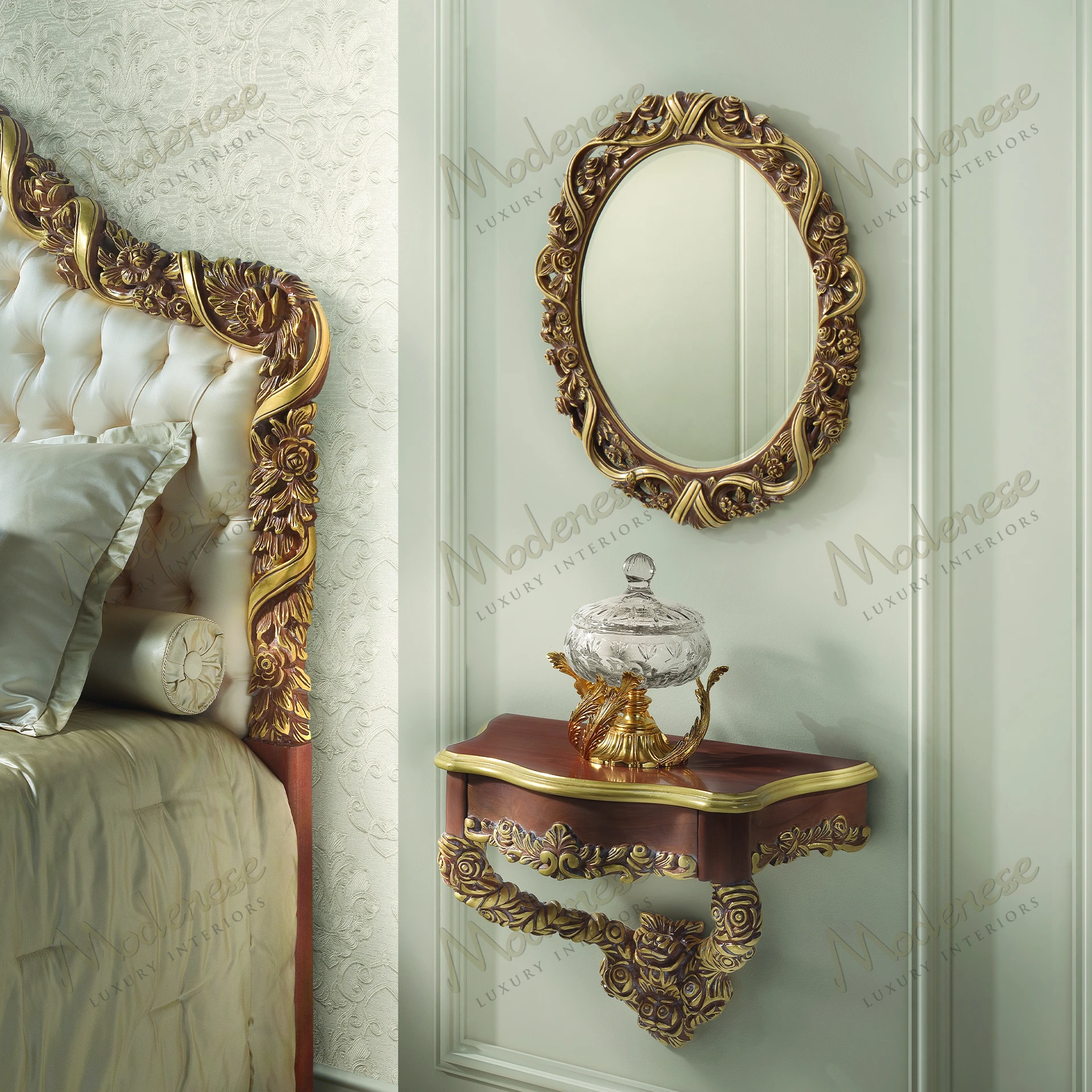 Elegant Golden Ribbon Mirror with classic walnut finish and gold leaf details; reflects light beautifully, adding sophistication to any room