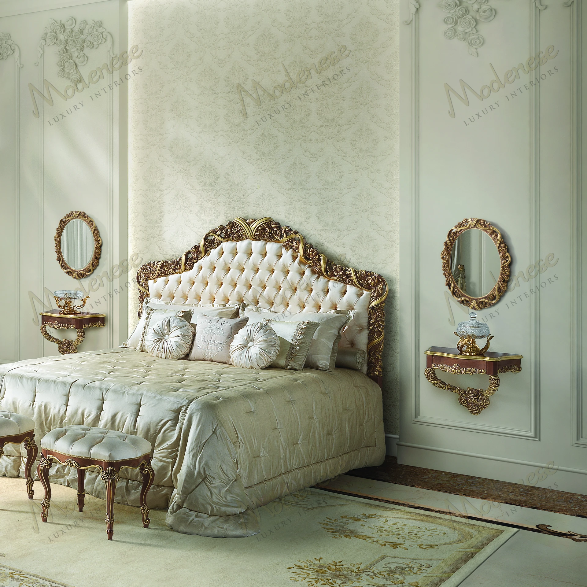 Elegant Golden Ribbon Mirror with a sleek wooden frame, classic walnut finish, and gold leaf accents, reflecting a timeless, sophisticated design