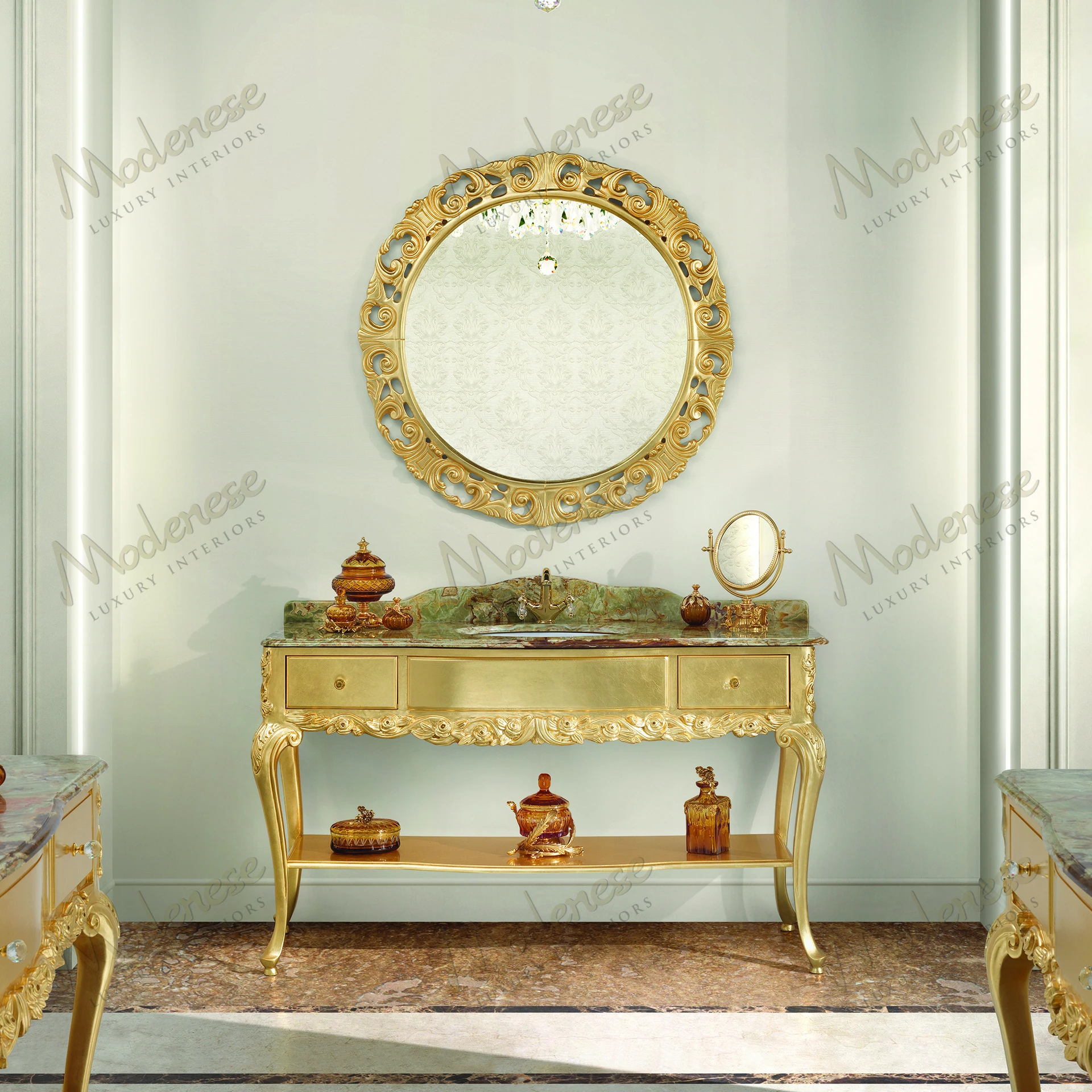 A round mirror with a golden ribbon design and full gold leaf finish, adding elegant style to any room