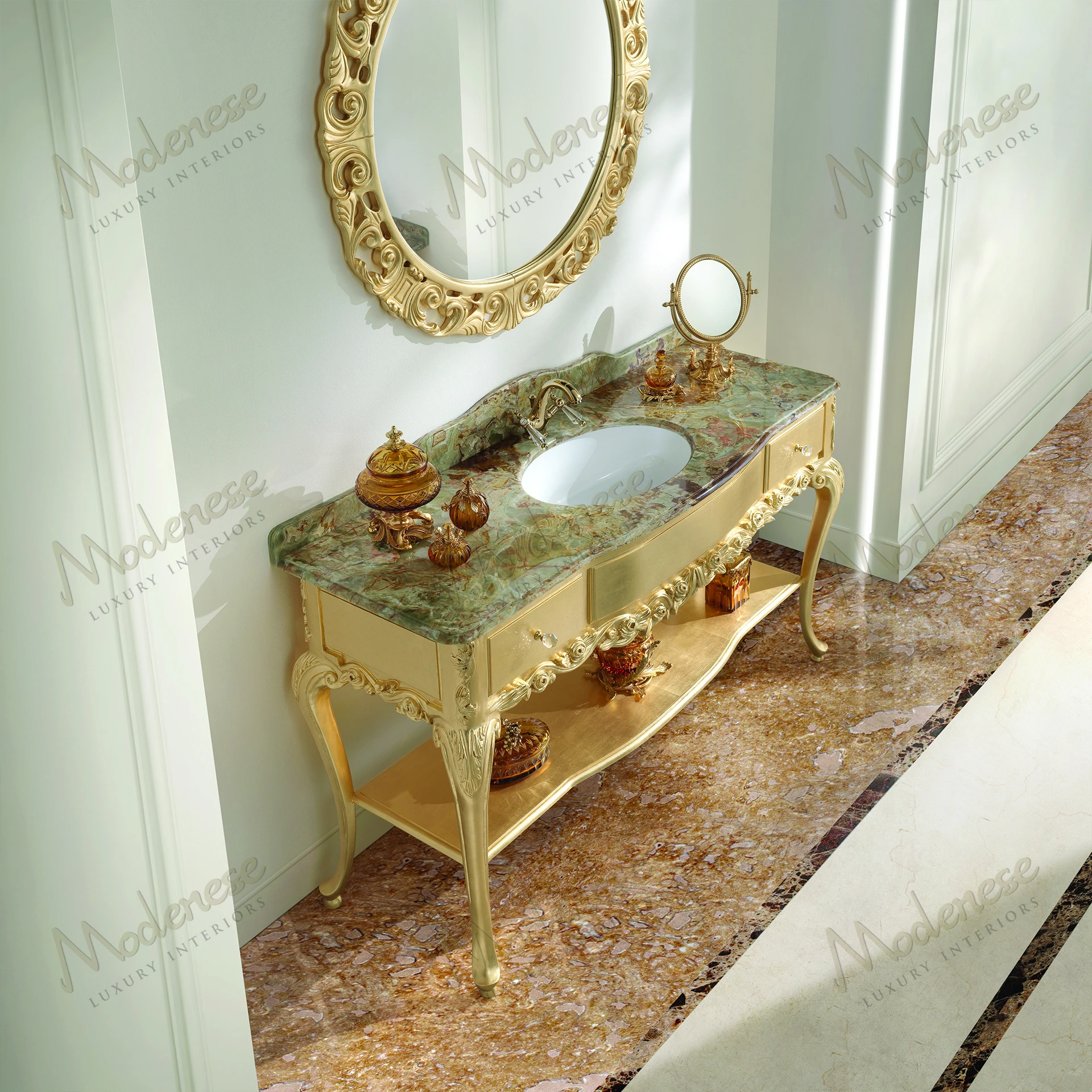 A round mirror with a golden ribbon frame, featuring a cozy texture Suitable for various decor styles No fabric upholstery