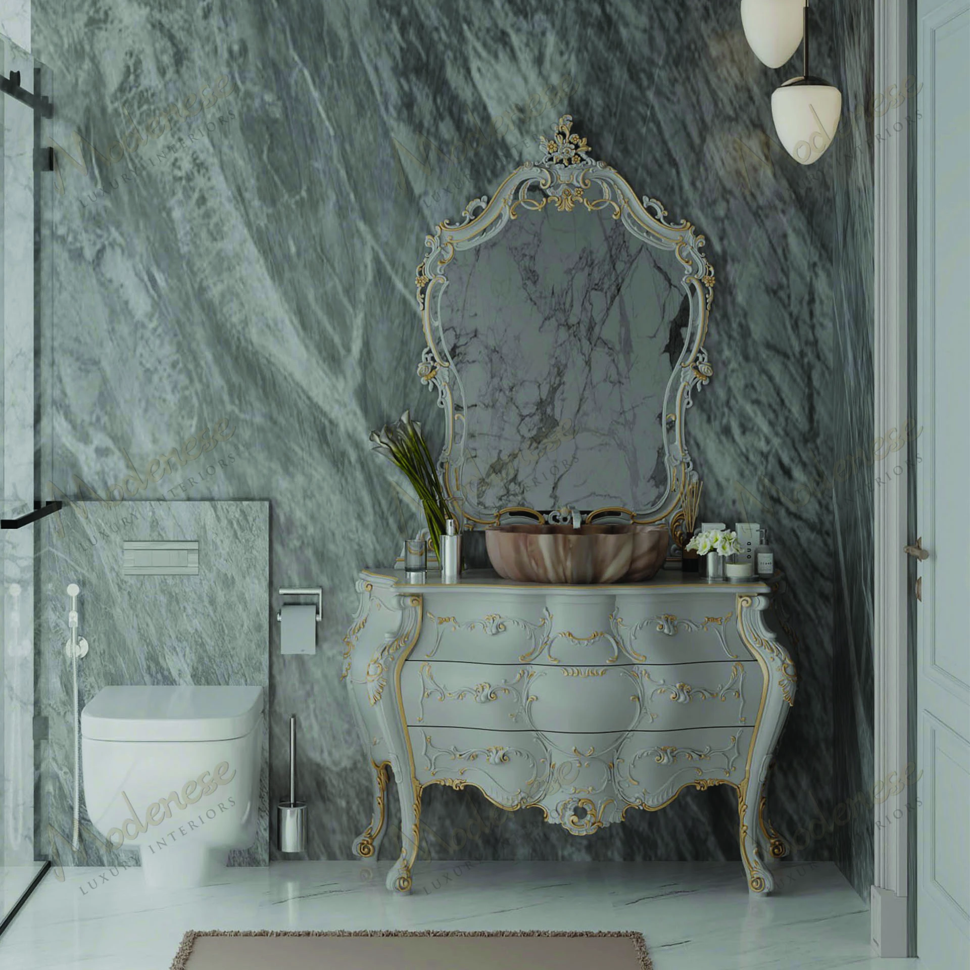 Elegant product with ivory lacquered finish and gold leaf details, showcasing a sophisticated style. Ideal for refined, luxurious settings..