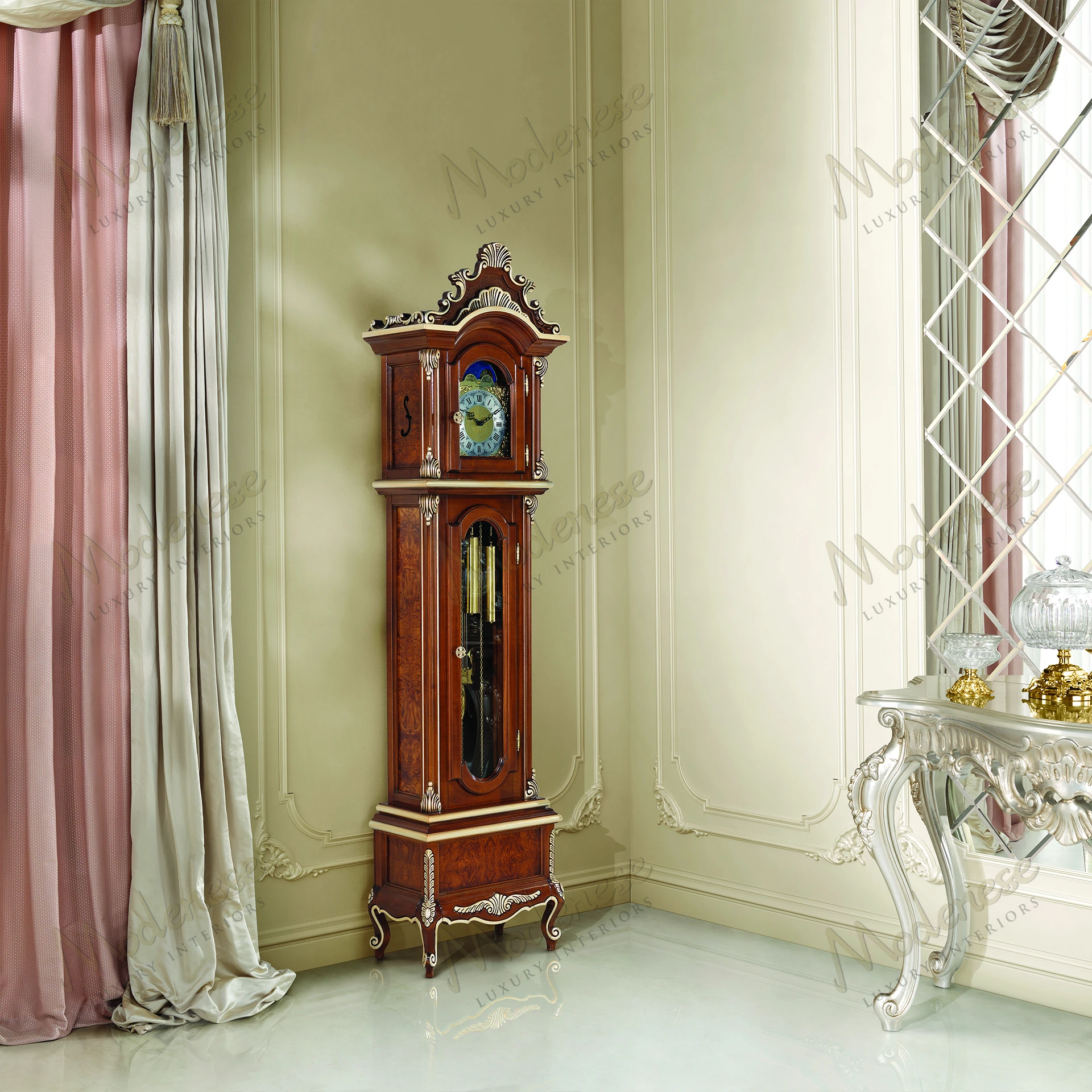 Elegant Noble Etiquette Grandfather Clock with wooden frame, glass panels, classic walnut finish, silver leaf accents, and sleek design