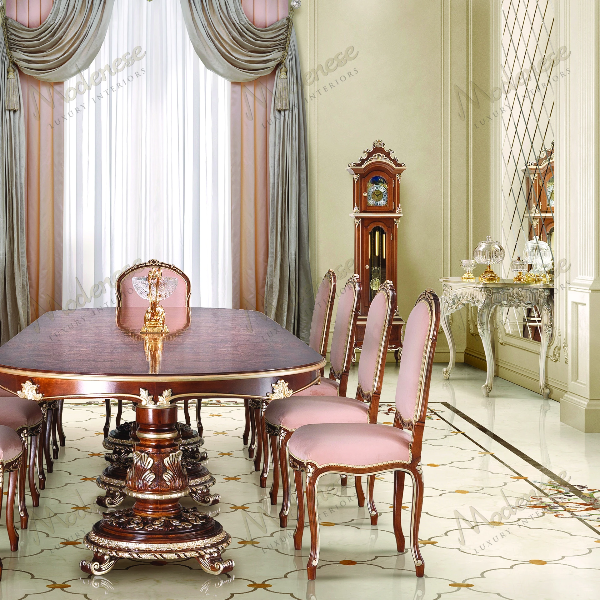 Grandfather clock with classic walnut finish and silver leaf details, exuding a luxurious feel No fabric Elegant and timeless design