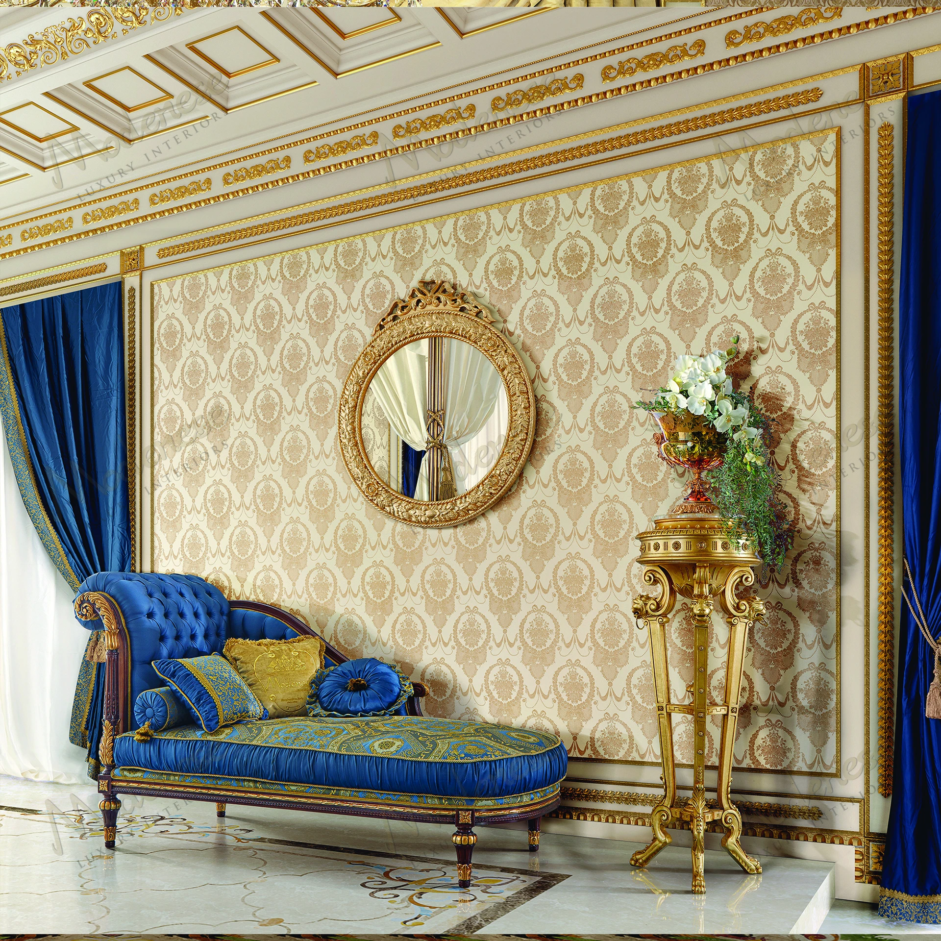 Elegant Imperial Vase Stand with marble top, wood structure, and gold leaf finish, showcasing a sleek, luxurious design