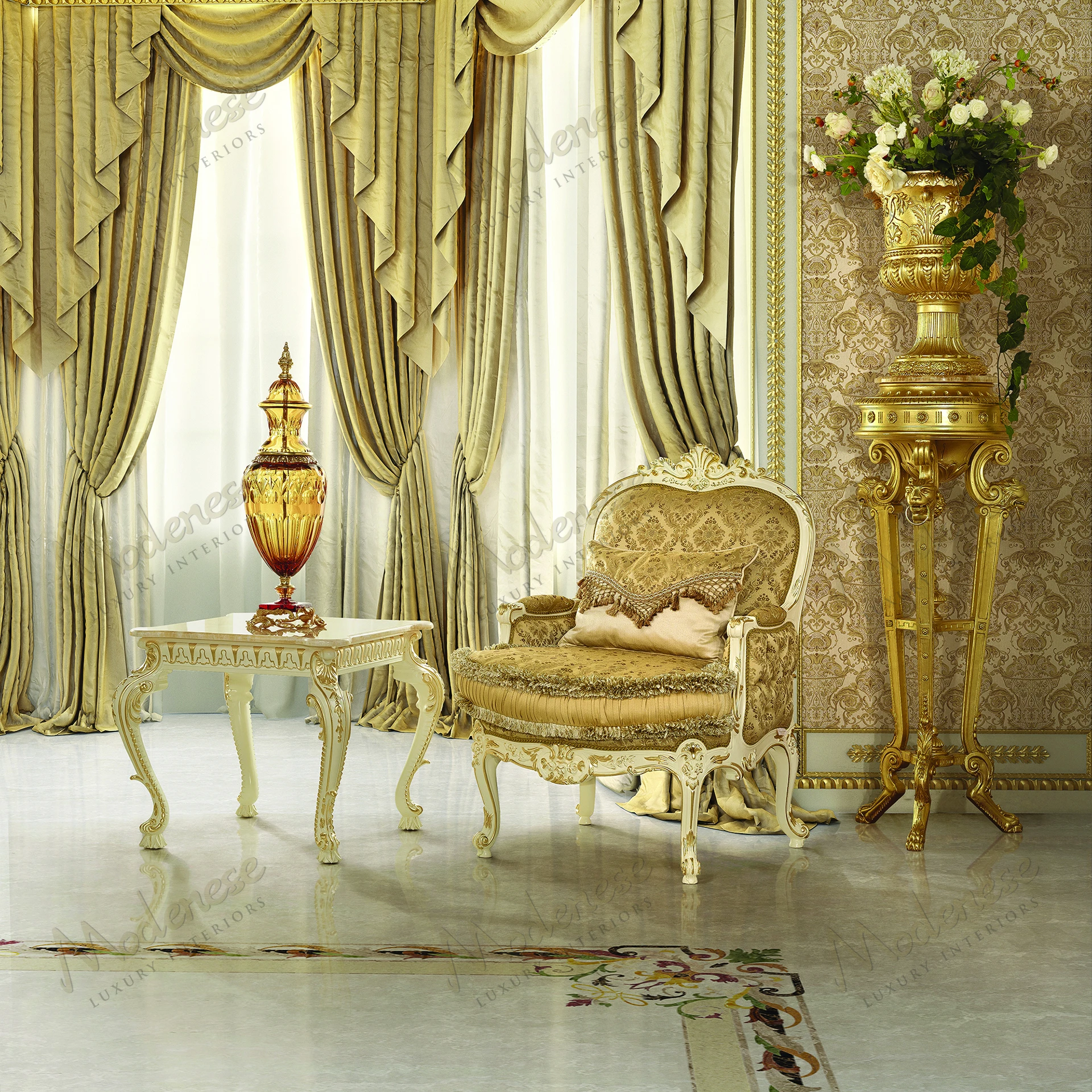 Gold-leaf Imperial vase stand with a wood structure and marble top, showcasing a sophisticated, fabric-free design