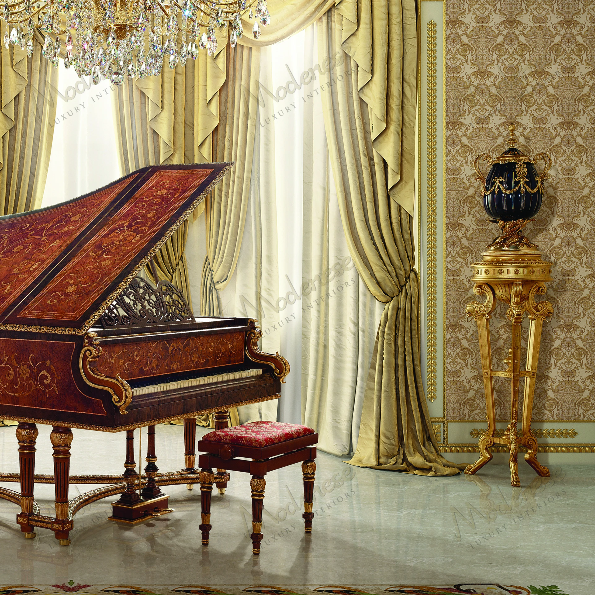 Imperial Vase Stand with full gold leaf finish; smooth surface, intricate artistic design; no fabric textures visible; elegant and luxurious appearance