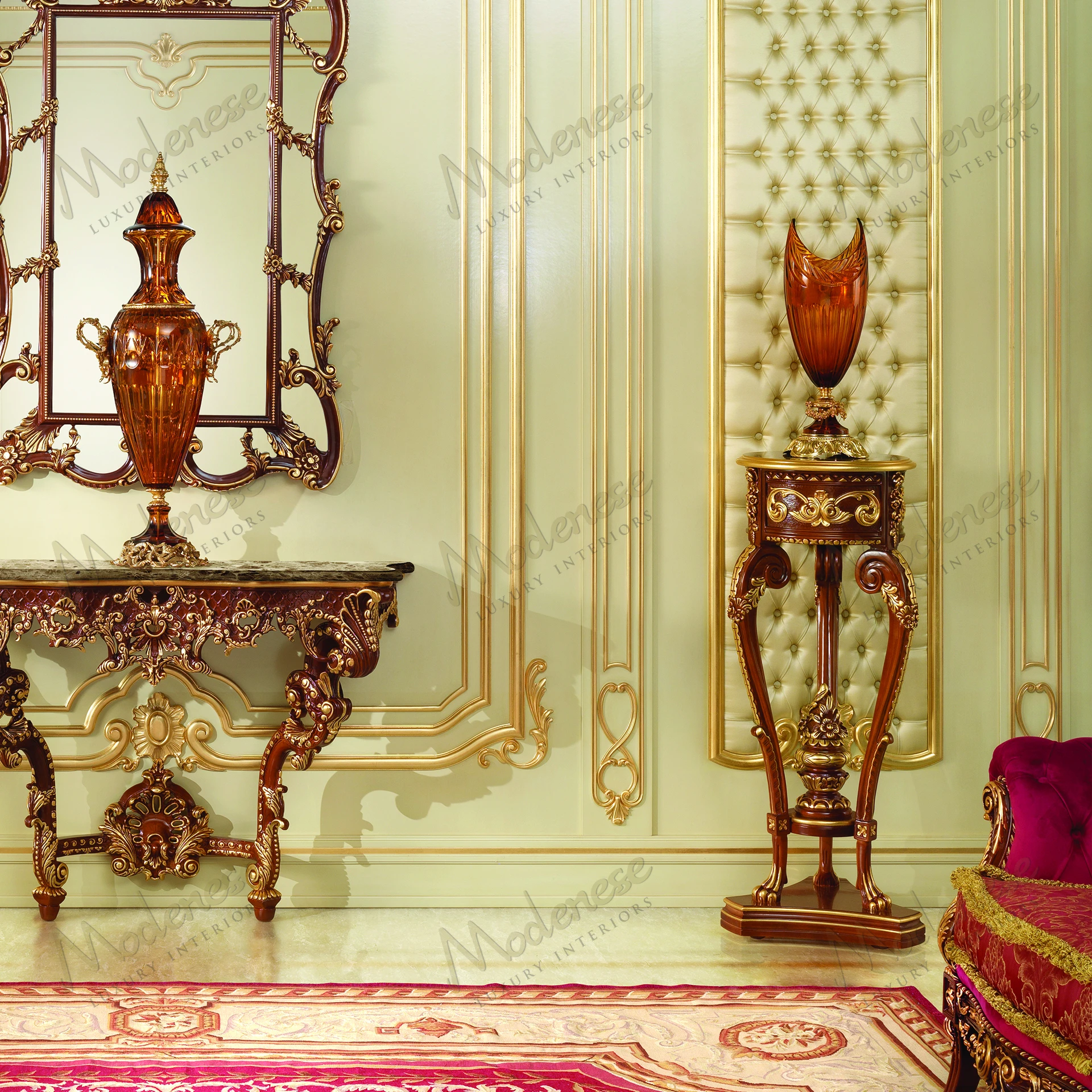 Make a statement with this stunning wooden vase stand, featuring an exquisite ivory lacquered finish and gold leaf detailsMake a statement with this stunning wooden vase stand, featuring an exquisite ivory lacquered finish and gold leaf details