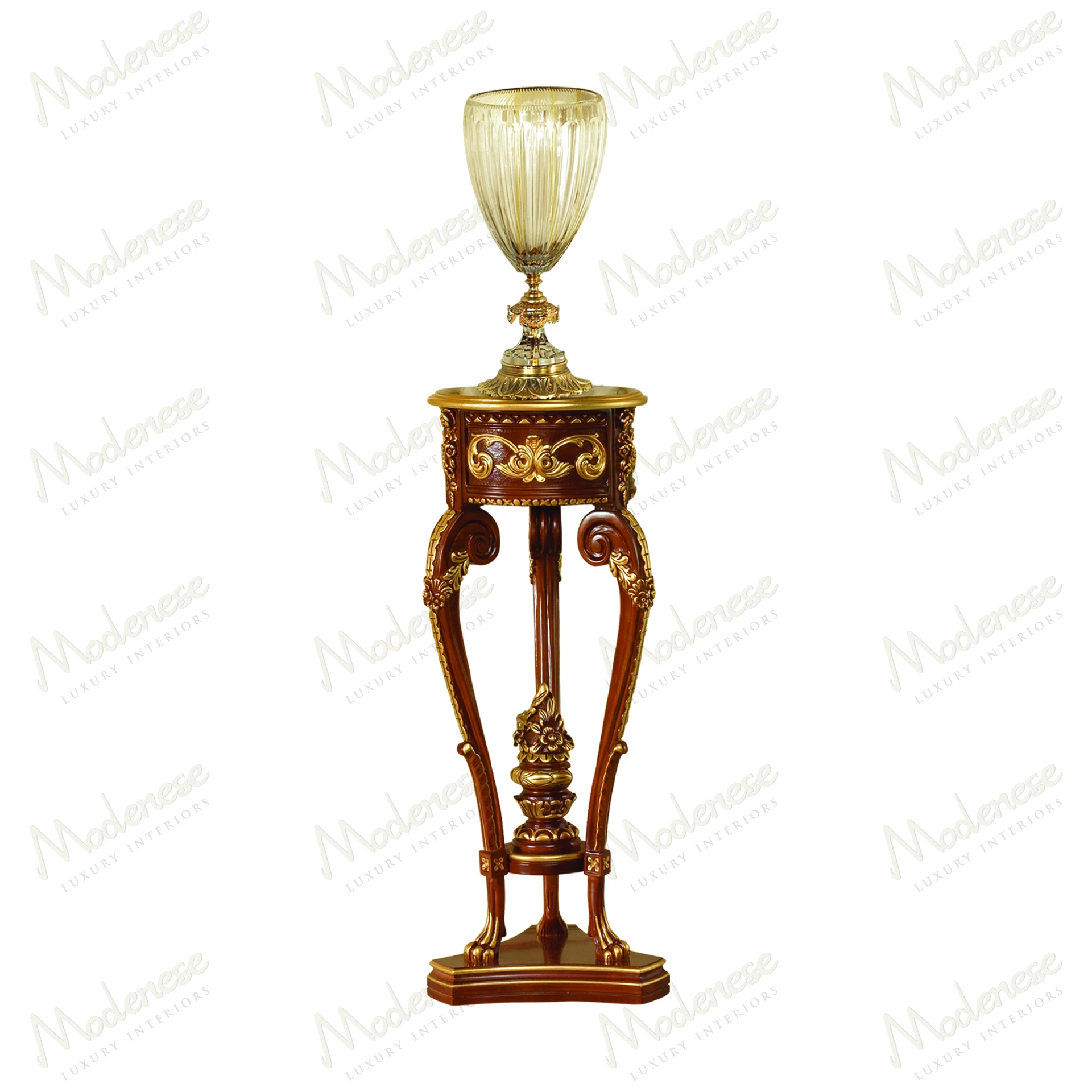 Ivory lacquered Rubino Delight Vase Stand with gold leaf accents, showcasing an artistic design No fabric textures Ivory lacquered Rubino Delight Vase Stand with gold leaf accents, showcasing an artistic design No fabric textures Elegant and sophisticated