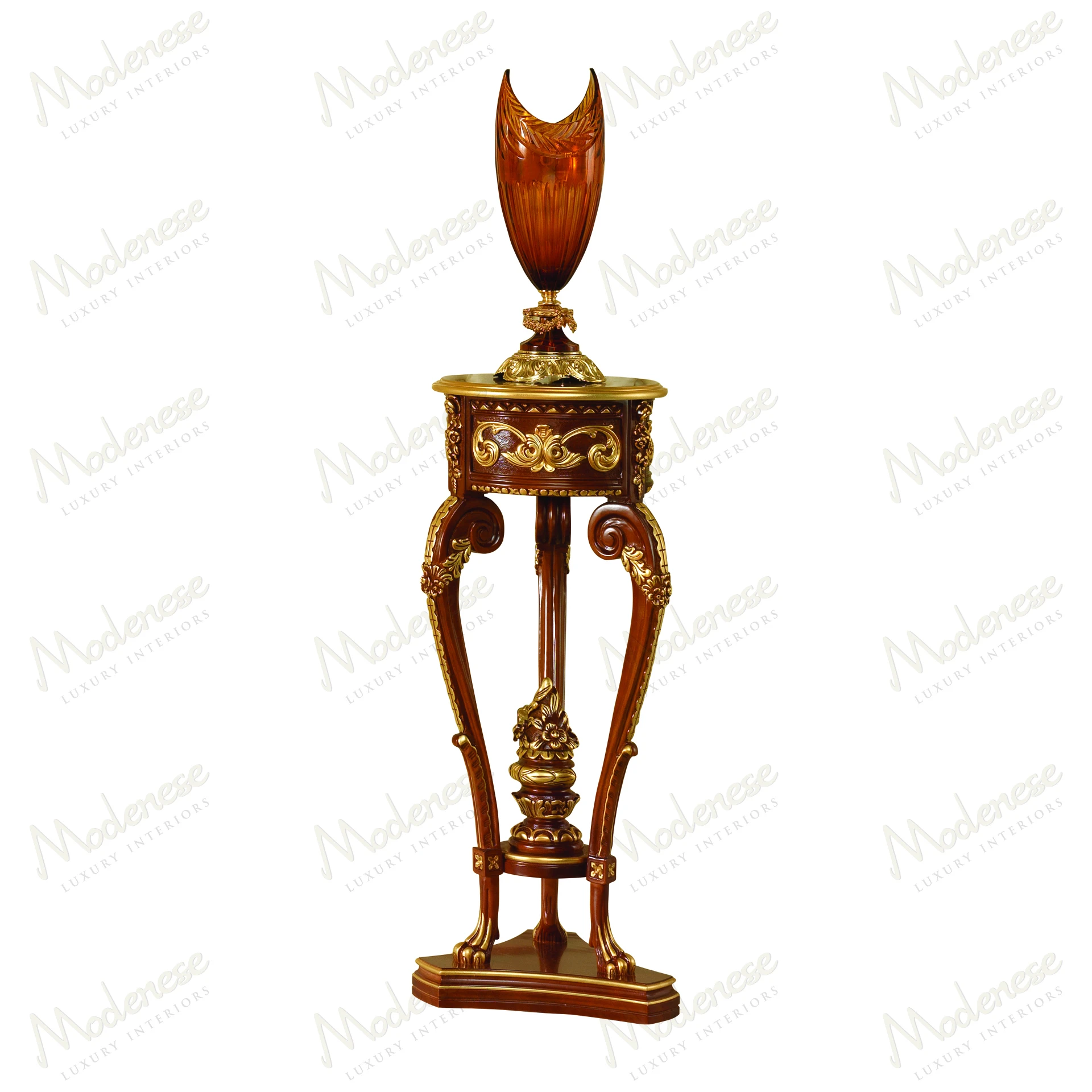Elegant Rubino Delight Vase Stand with wooden structure, ivory lacquered finish, and gold leaf accents No fabric, sophisticated style Ideal for classic interiorsElegant Rubino Delight Vase Stand with wooden structure, ivory lacquered finish, and gold leaf