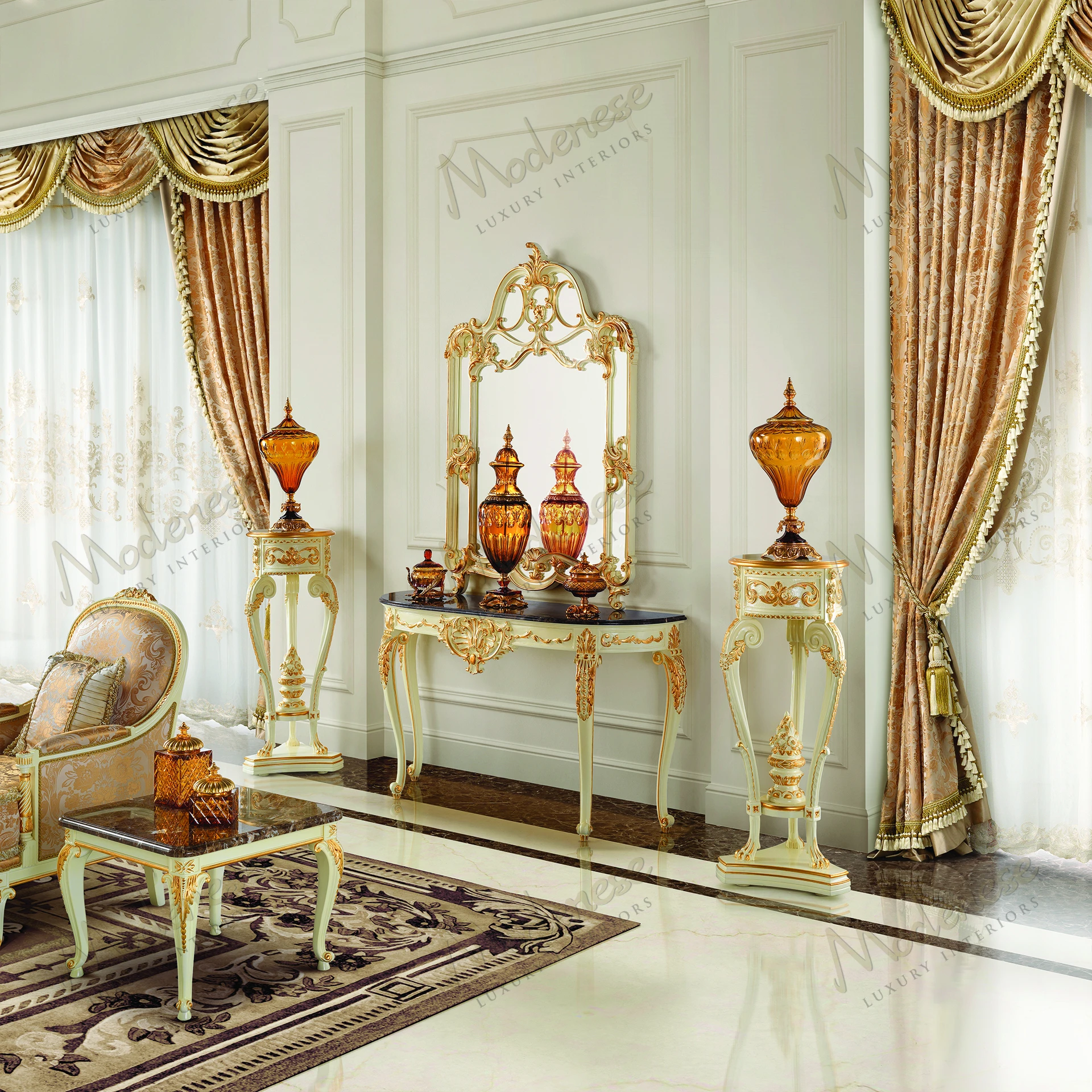 Ivory lacquered Rubino Delight Vase Stand with gold leaf details, no fabric, luxurious aesthetic, suitable for elegant interior decor