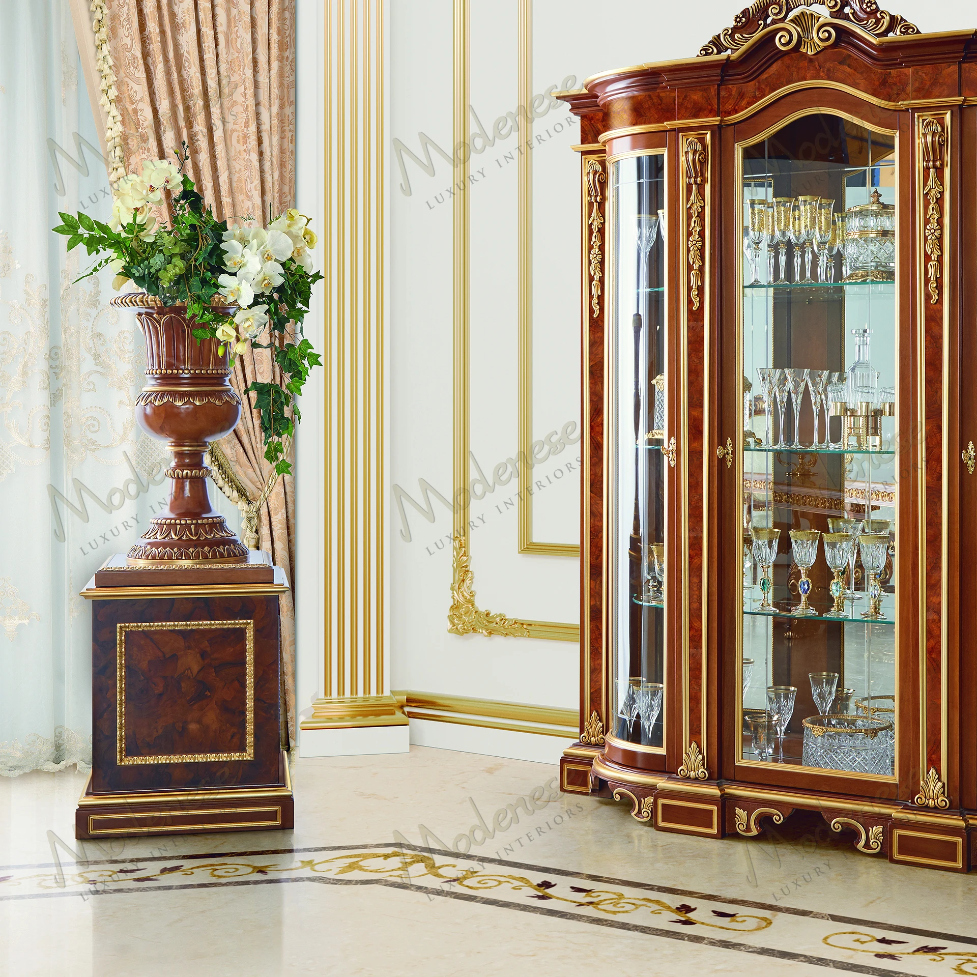 Elegant Carved Symmetry Vase Stand in classic walnut with gold leaf and radica finish, showcasing intricate details and sophisticated style..