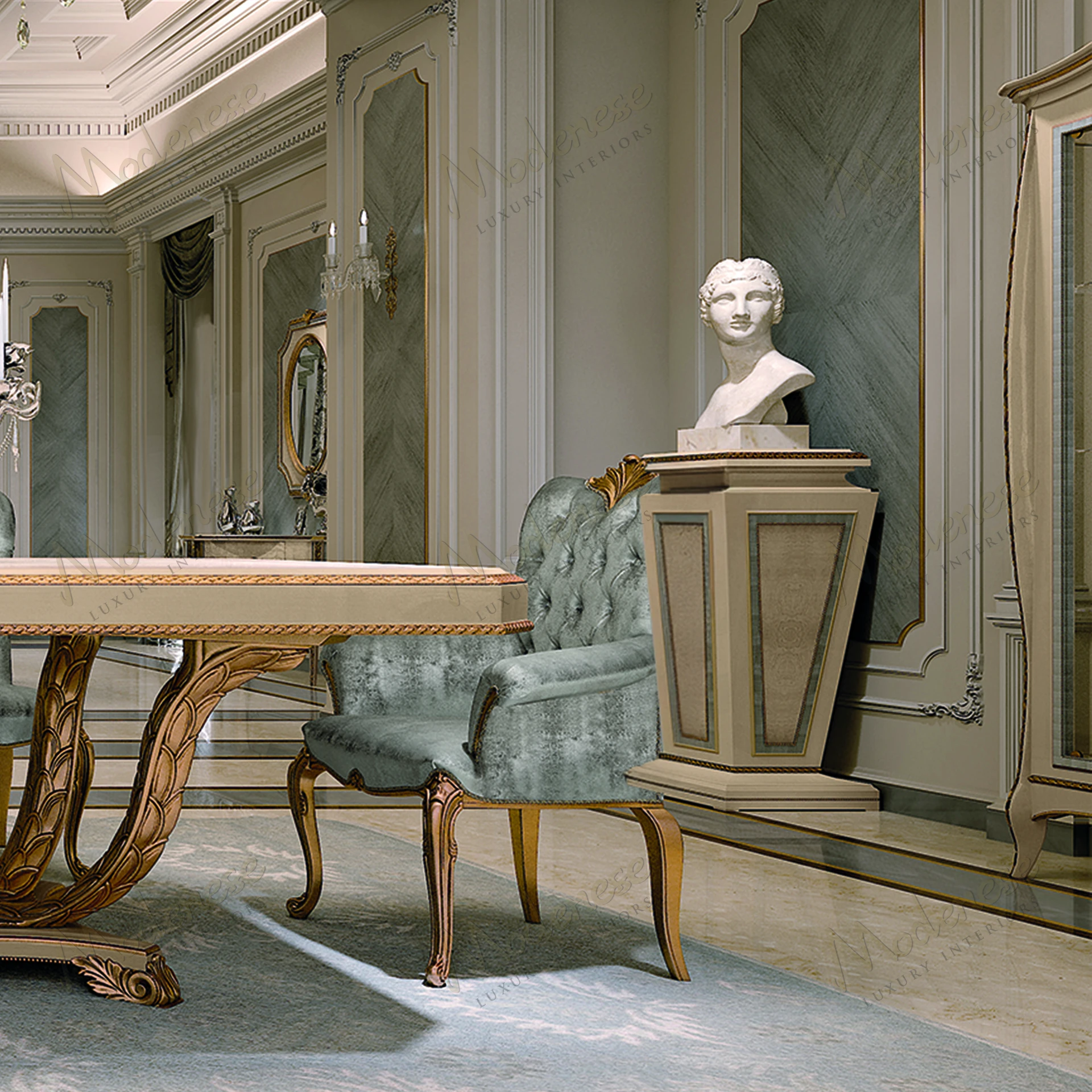 A sleek Embrace Vase Stand with a wooden structure, ivory lacquered finish, light blue and antiqued gold leaf details, showcasing elegant craftsmanship..