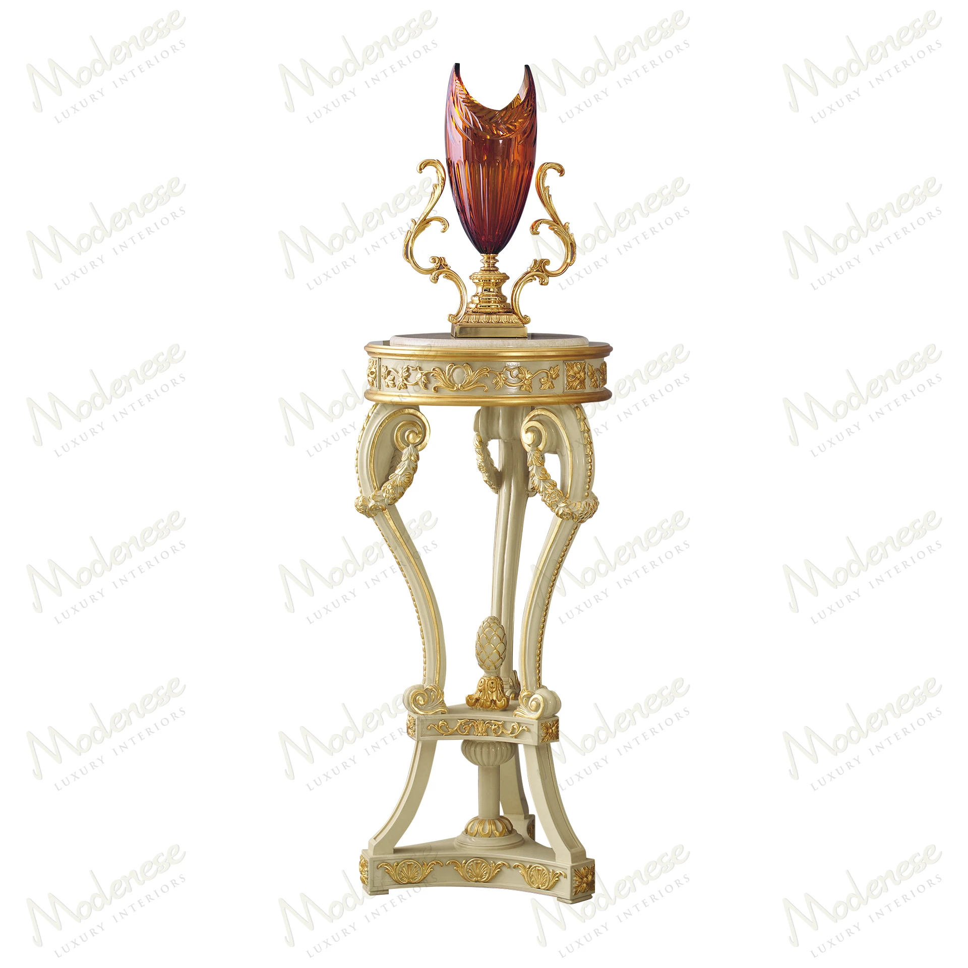 Elegant Imperial Majesty Vase Stand with an ivory lacquered finish and gold leaf details Luxurious and sophisticated design