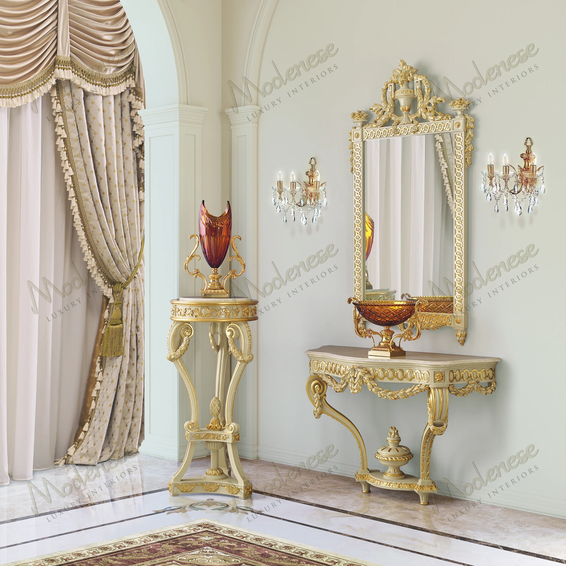 Imperial Majesty Vase Stand: Wooden structure, ivory lacquer finish, gold leaf details, sleek design Suitable for elegant displays