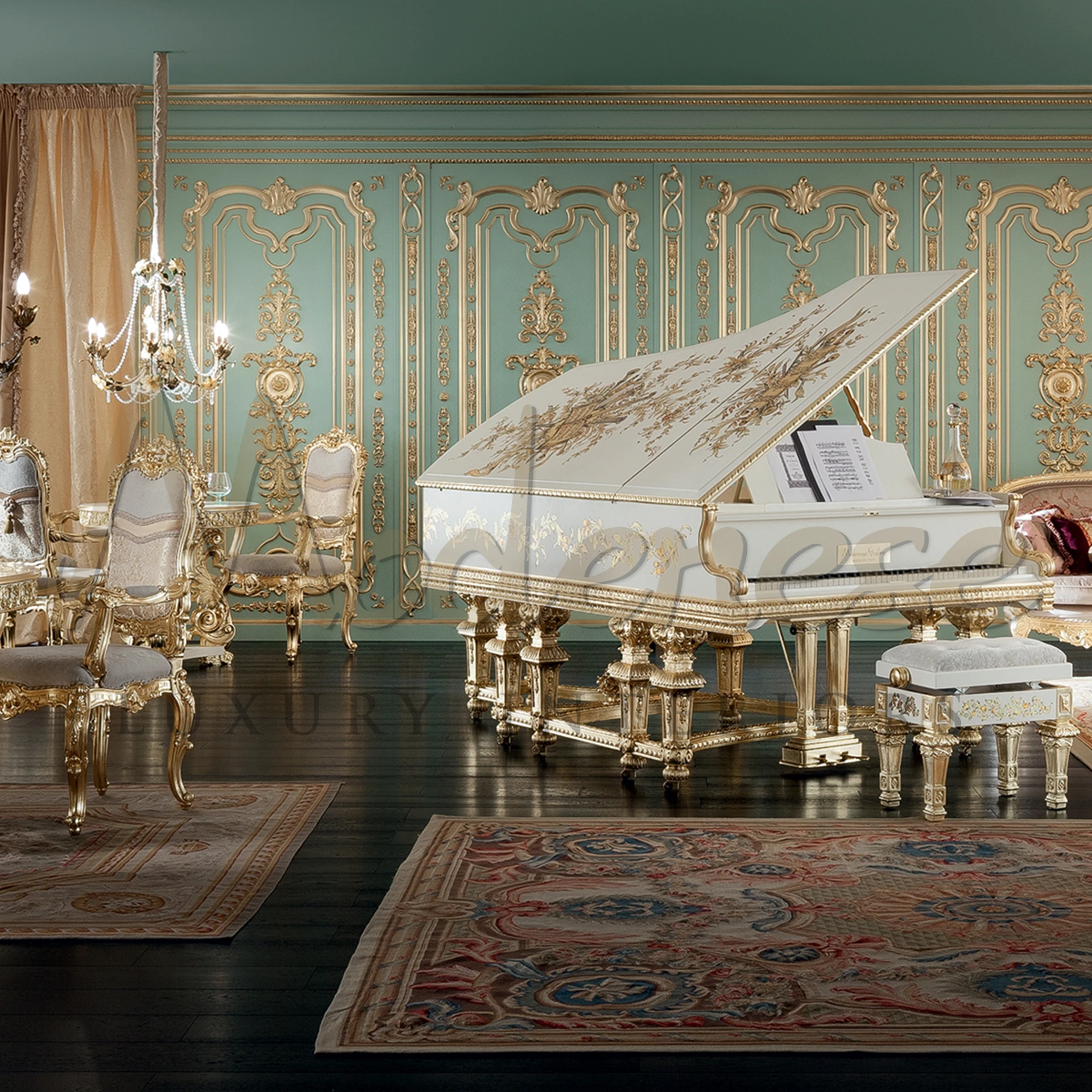 Elegant Traditional White Gold Leaf Grand Piano, a Modenese masterpiece, perfect for classic baroque and luxury villa interiors.