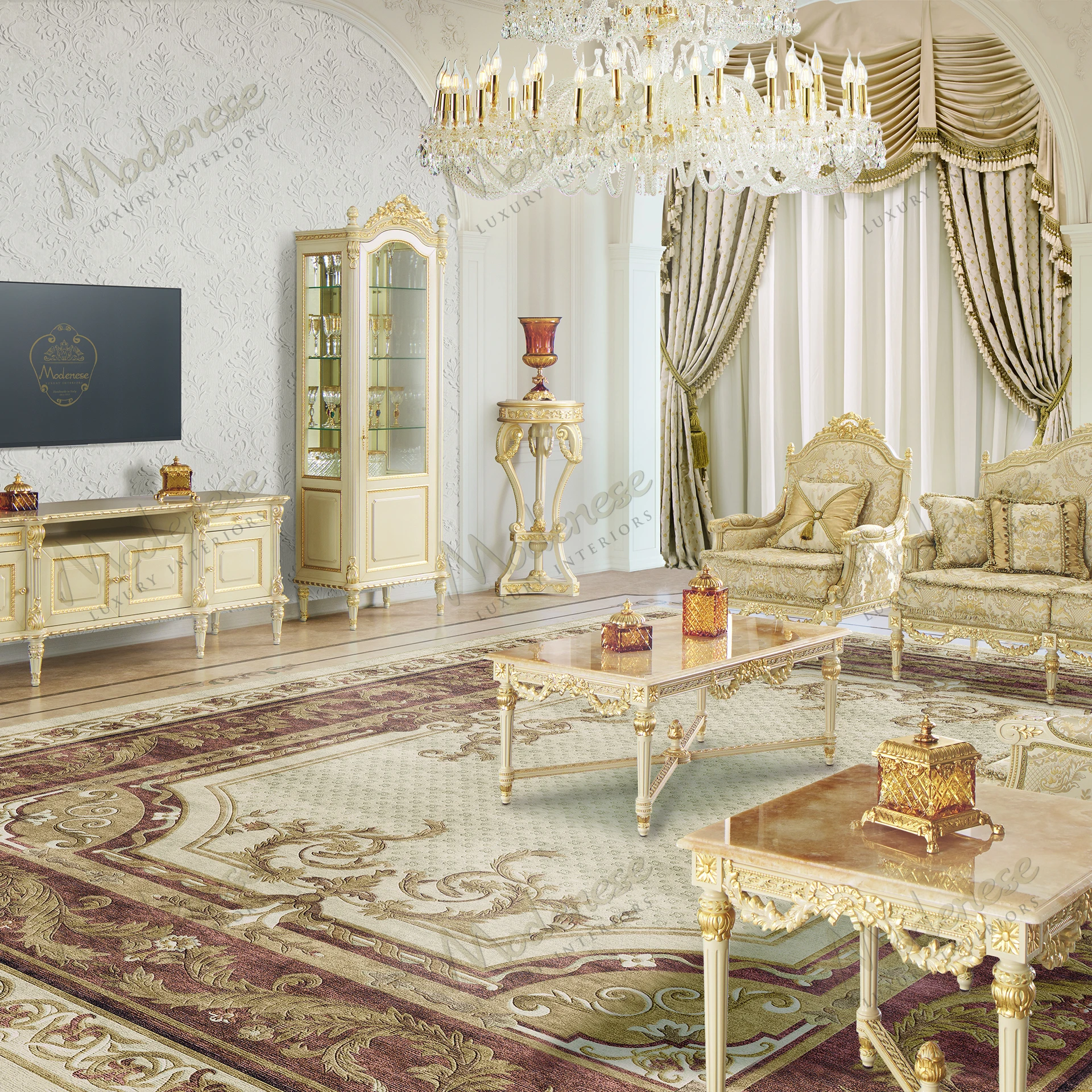 Imperial Majesty Vase Stand with an ivory lacquered finish, gold leaf details; elegant and luxurious design, fabric-free, suitable for sophisticated decor settings