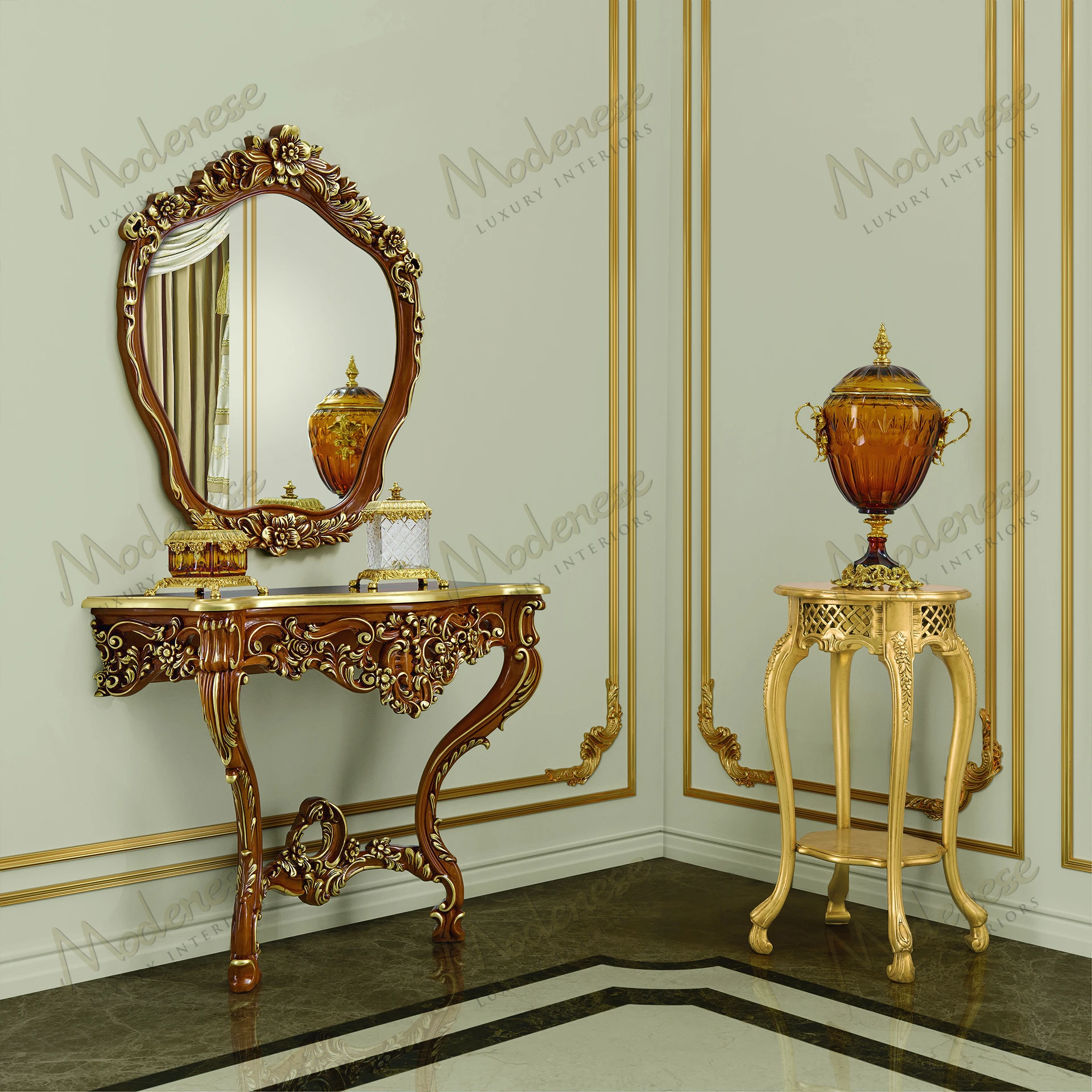 Gold-leaf finished vase stand with elegant, palatial design, intricate detailing, and ornate craftsmanship, reflecting luxury and sophistication
