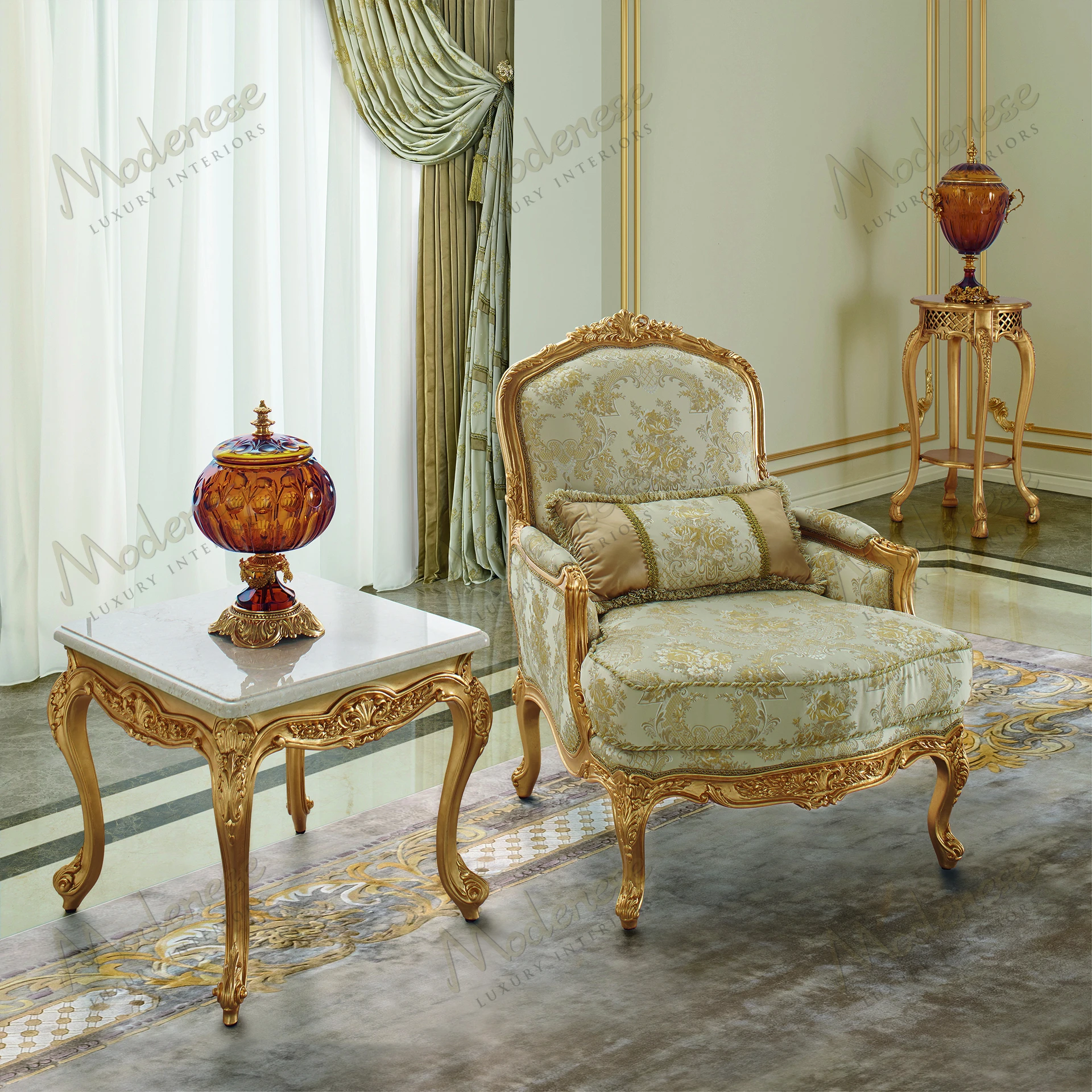 A wooden Palatial Elegance Vase Stand with gold leaf finish and sleek design, showcasing luxurious craftsmanship and sophisticated aesthetic