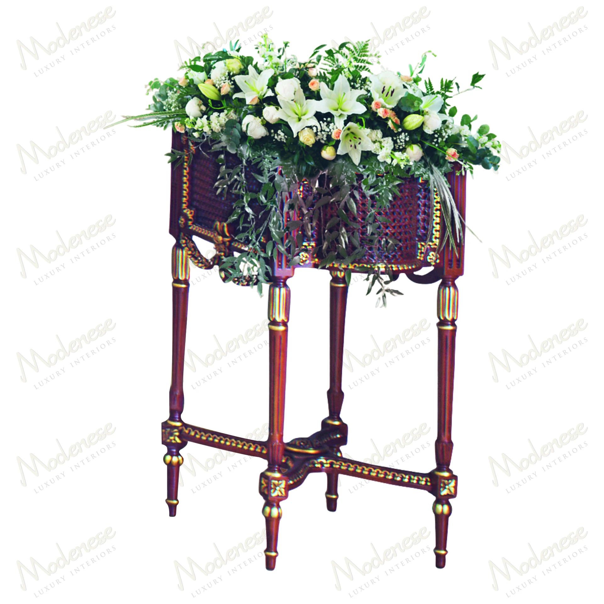 Elite Flower Box in Classic Walnut with gold leaf details, showcasing elegant style Rich, dark finish enhances the luxurious appearance